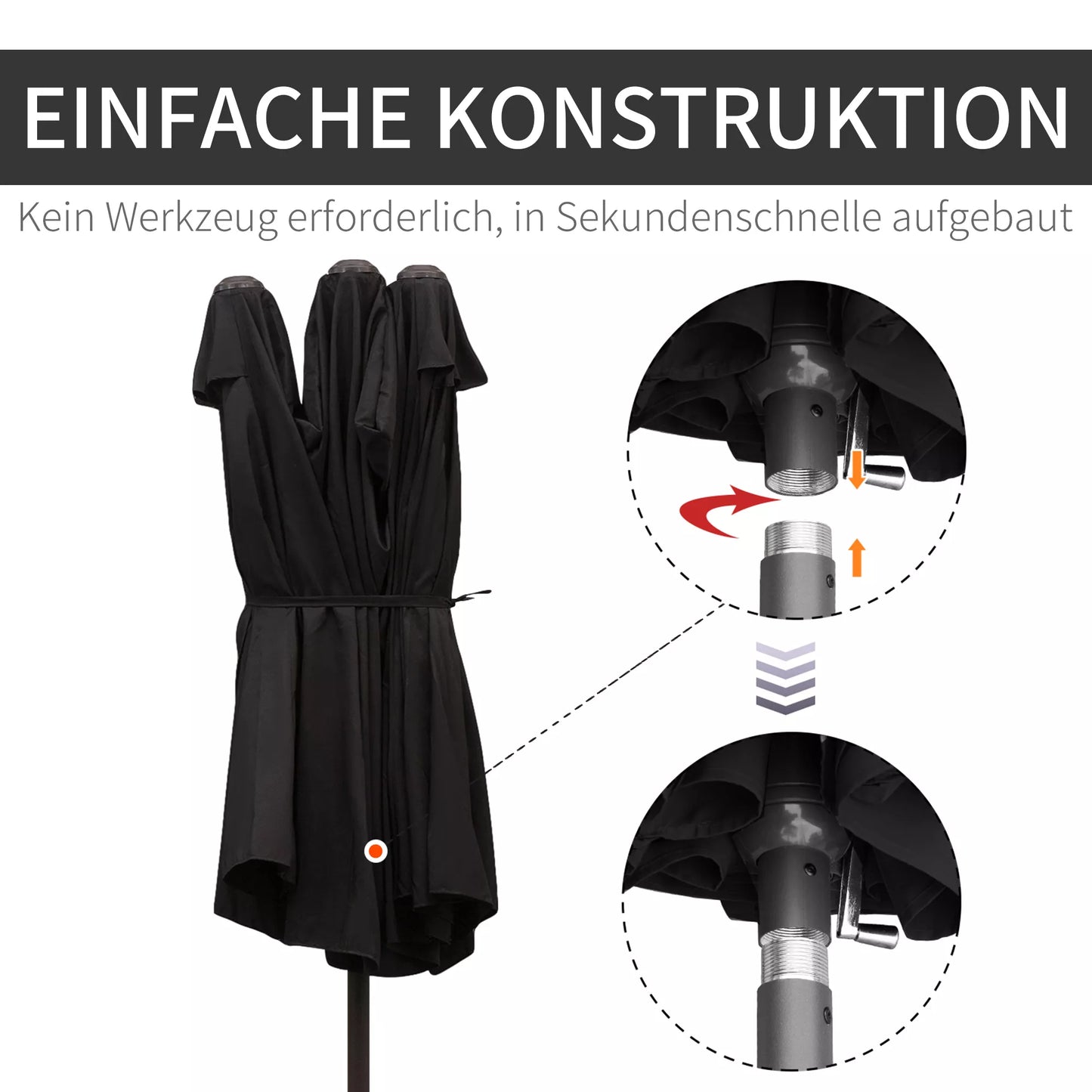 Dvigubas skėtis nuo saulės 455 x 270 cm, sodo skėtis su rankena, ovalus, stabilus metalinis stiebas, prekybinis skėtis, terasos skėtis, apsauga nuo saulės paplūdimiui, balkonui, terasai, sodui, juodas