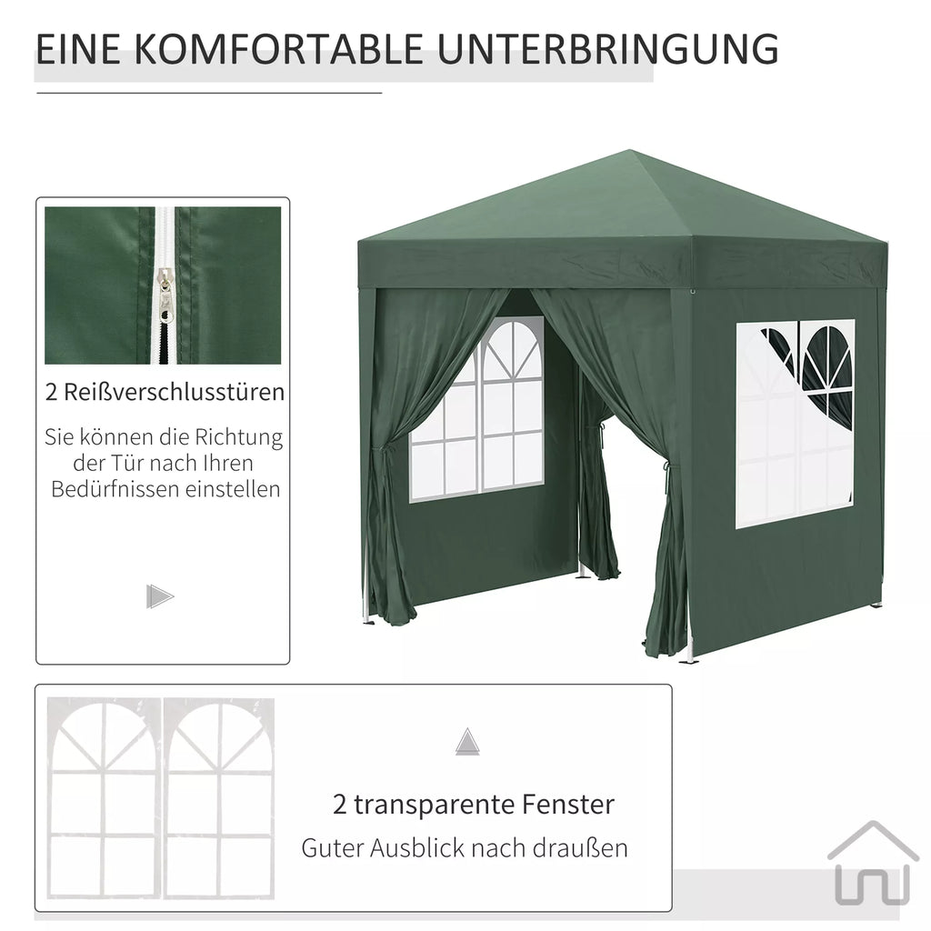 Sulankstomas paviljonas, alaus palapinė, 4 nuimamos šoninės sienos, 2 langai, metalinis rėmas, 2 x 2 m, tamsiai žalia
