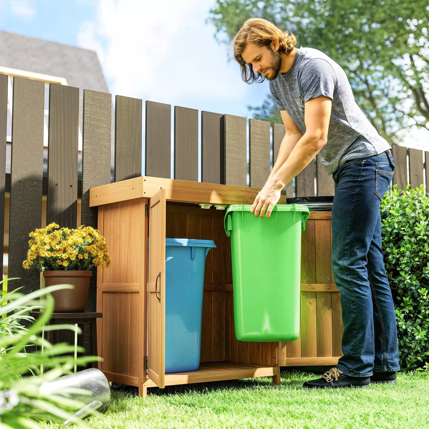 Lauko spintelė iš eglės medienos, atsparus oro sąlygoms įrankių namelis 74x43x88cm, namelis su dvigubomis durimis, 2 skyriais, įrankių spinta, sodo namelis įrankių spintelei, sodo namelis sodui, terasai, gamtai