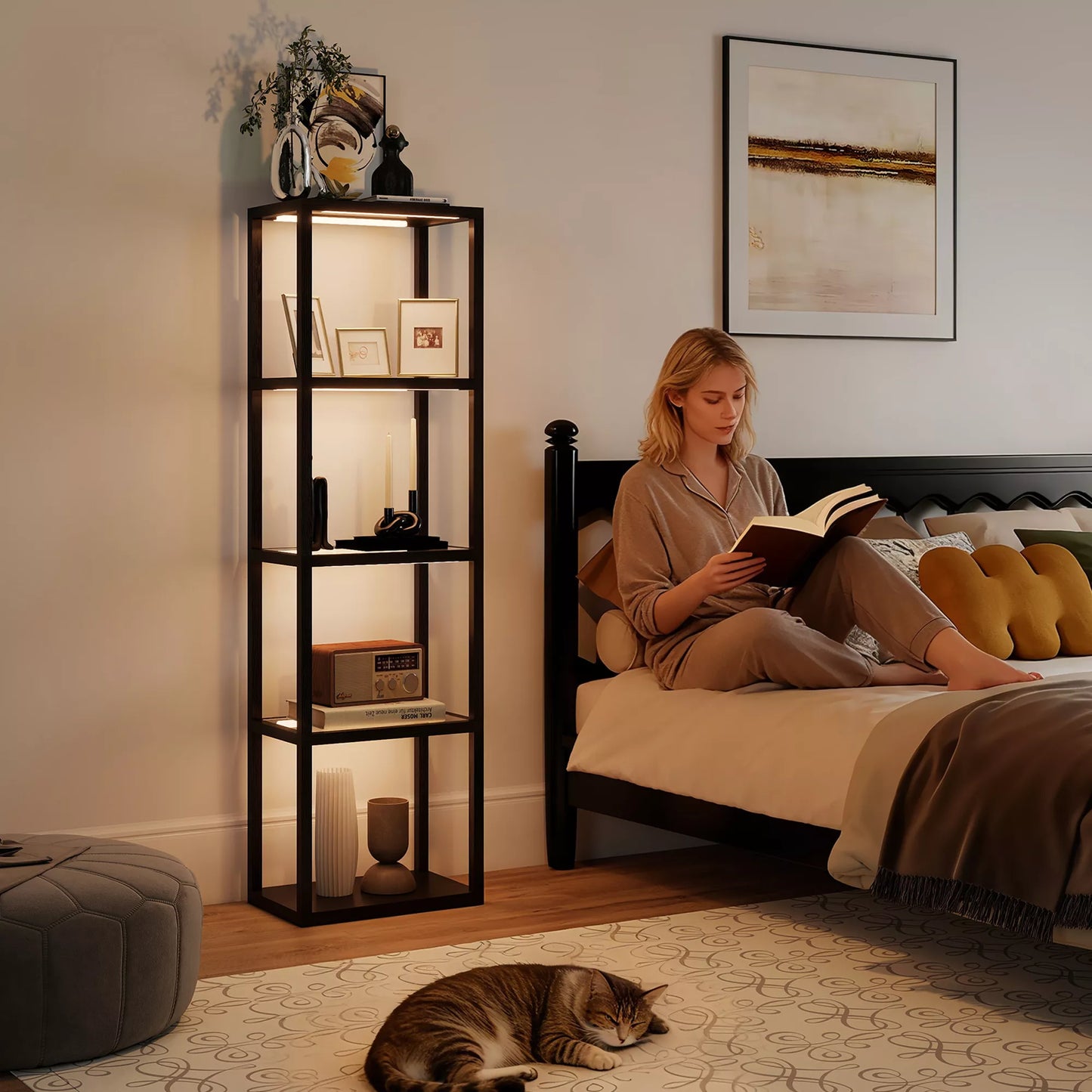 RGB stovas su stiklinėmis lentynomis, 4 lygių LED stovas su nuotolinio valdymo pultu, muzikos sinchronizavimas, juodas