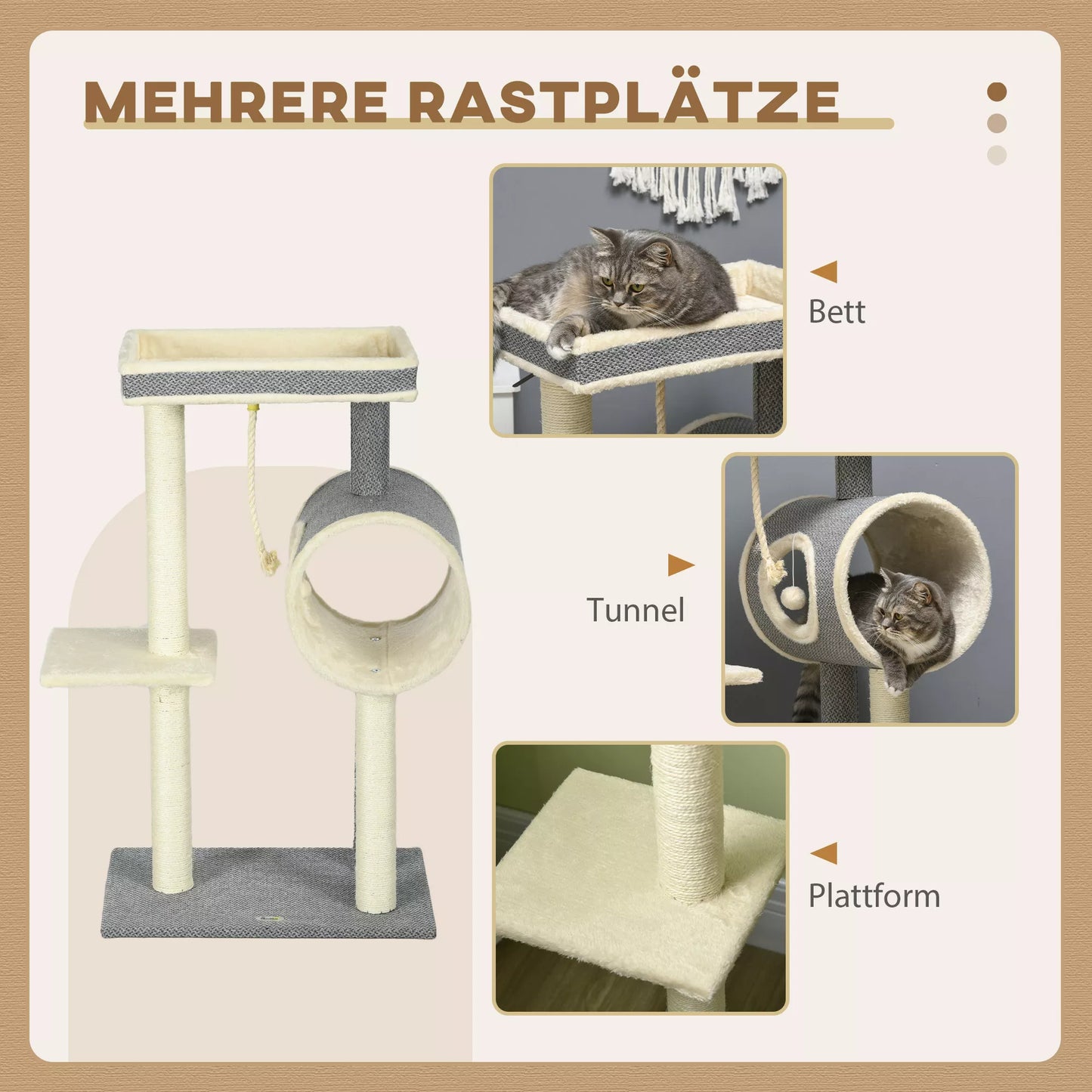 Kačių draskyklė, 1 katės urvelis, 2 gulimosios vietos, 60 cm x 40 cm x 104 cm, Pilka + Natūrali