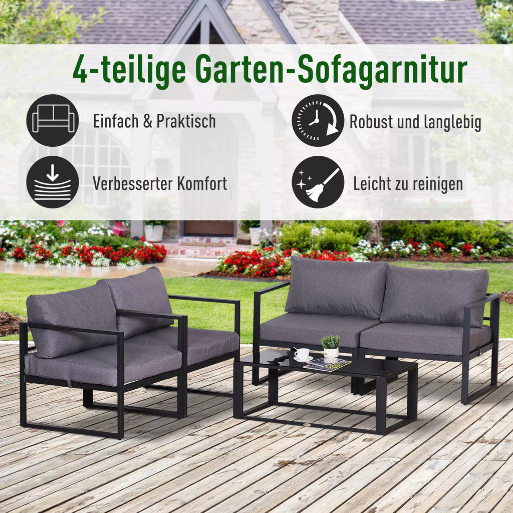 Keturių dalių sodo baldų rinkinys, sėdimoji grupė, sofa su sėdimojo pagalvėlėmis, stalas su daiktų laikymo vieta, poliesteris, pilkos spalvos, 138 x 69 x 63 cm