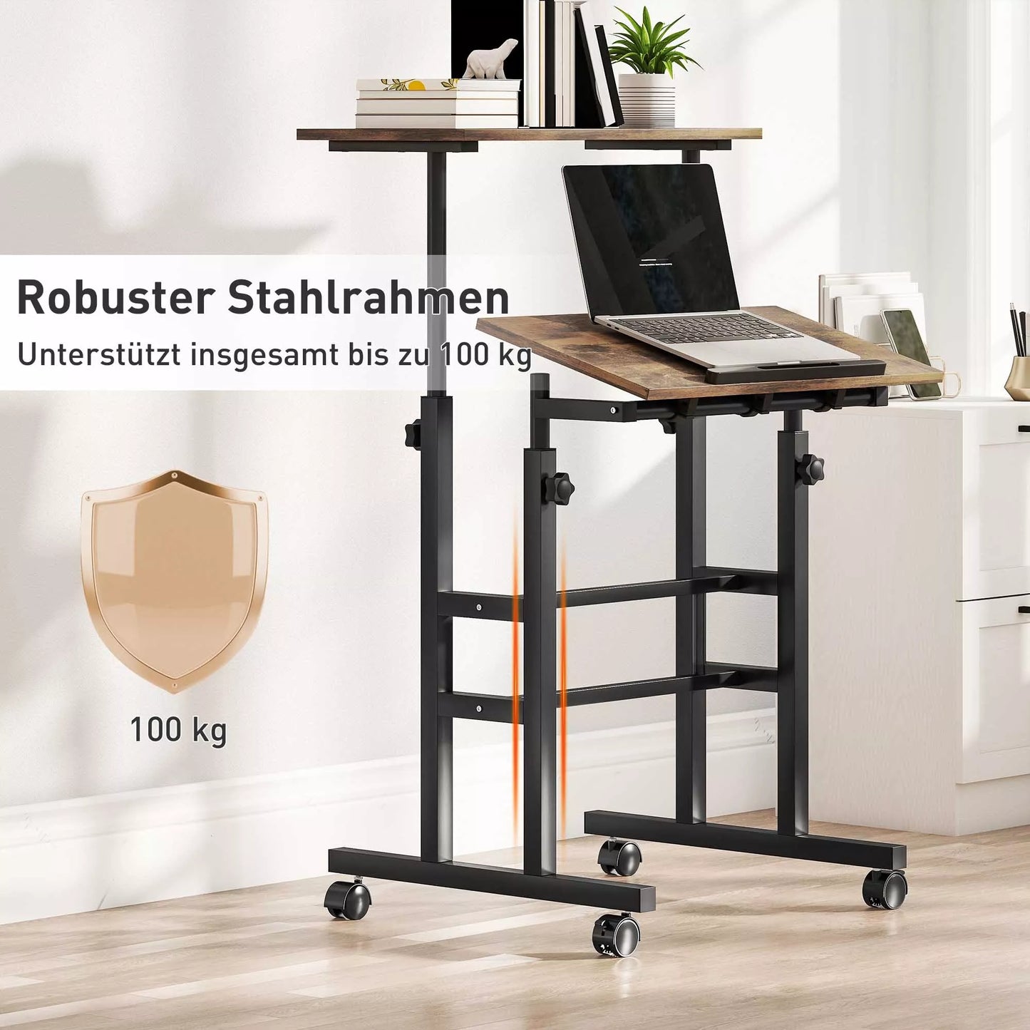 Rašomasis stalas Reguliuojamo aukščio virtuvės stalas su lentynomis, ratukais, kompiuterio stalas Rustikalinis Rudi 60 x 60 x 70,5-120 cm