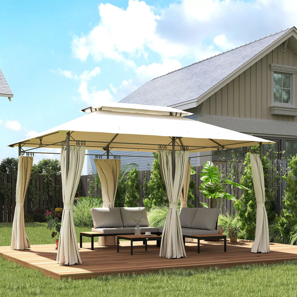 Sodo paviljonas, pavėsinė su 6 šoninėmis sienelėmis ir dvigubu stogu komplektas, plienas ir poliesteris, 4x3 m, kreminė balta