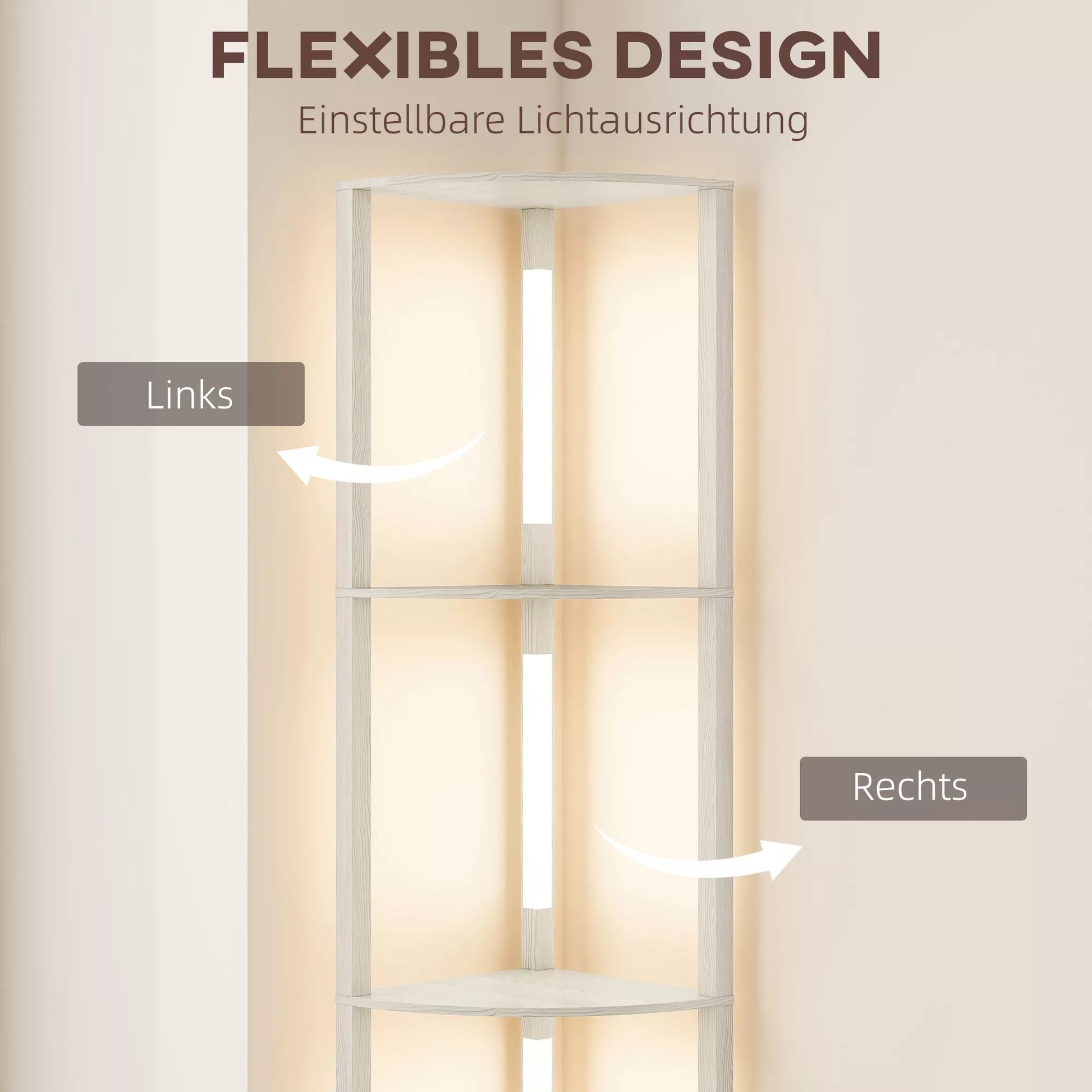 LED stovas lentyna, kampinė lentyna, pritemdoma, 4 lentynos, šilta balta šviesa, 41x30x164cm, Ąžuolas