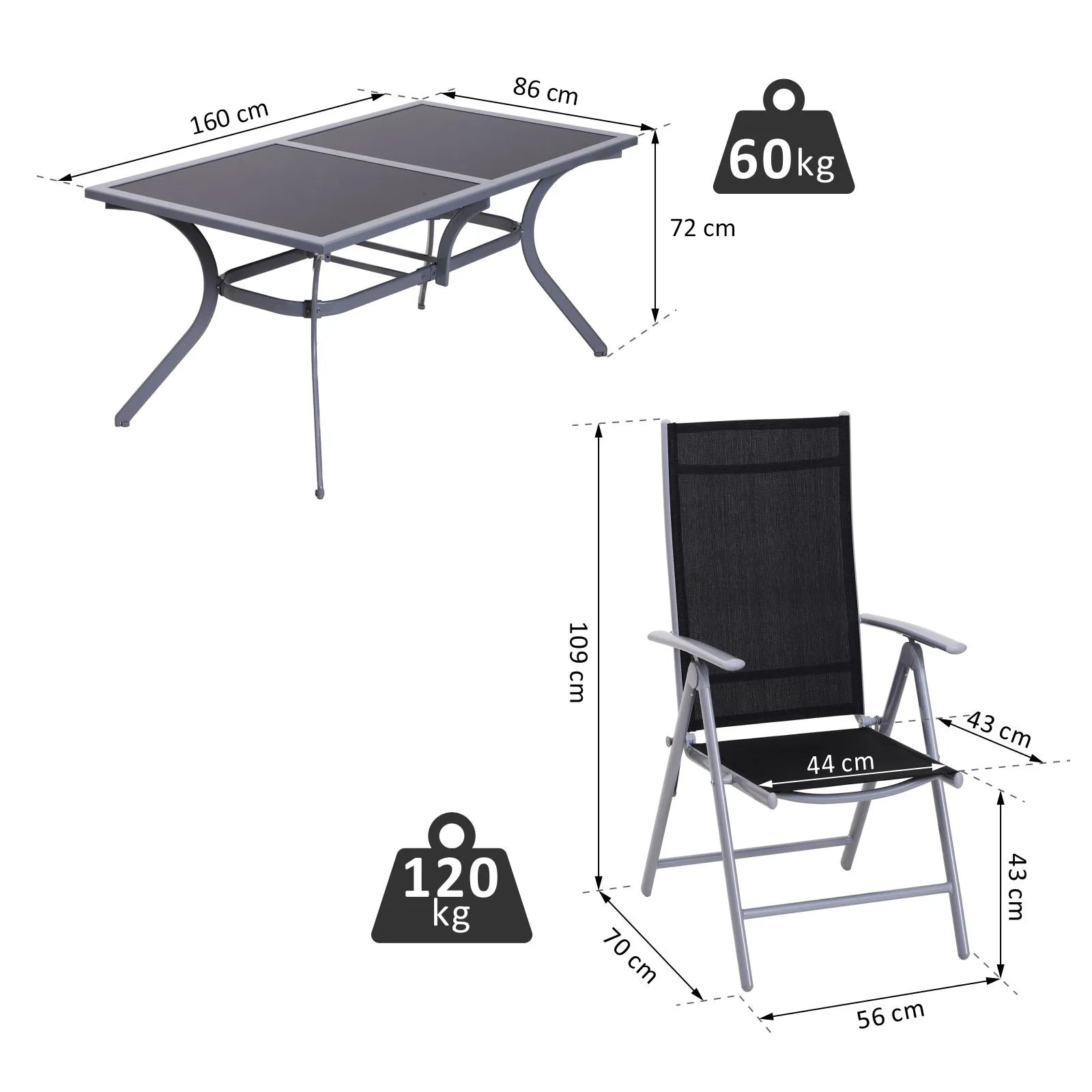 Schema su stalo matmenimis: 160 × 86 cm, aukštis 72 cm