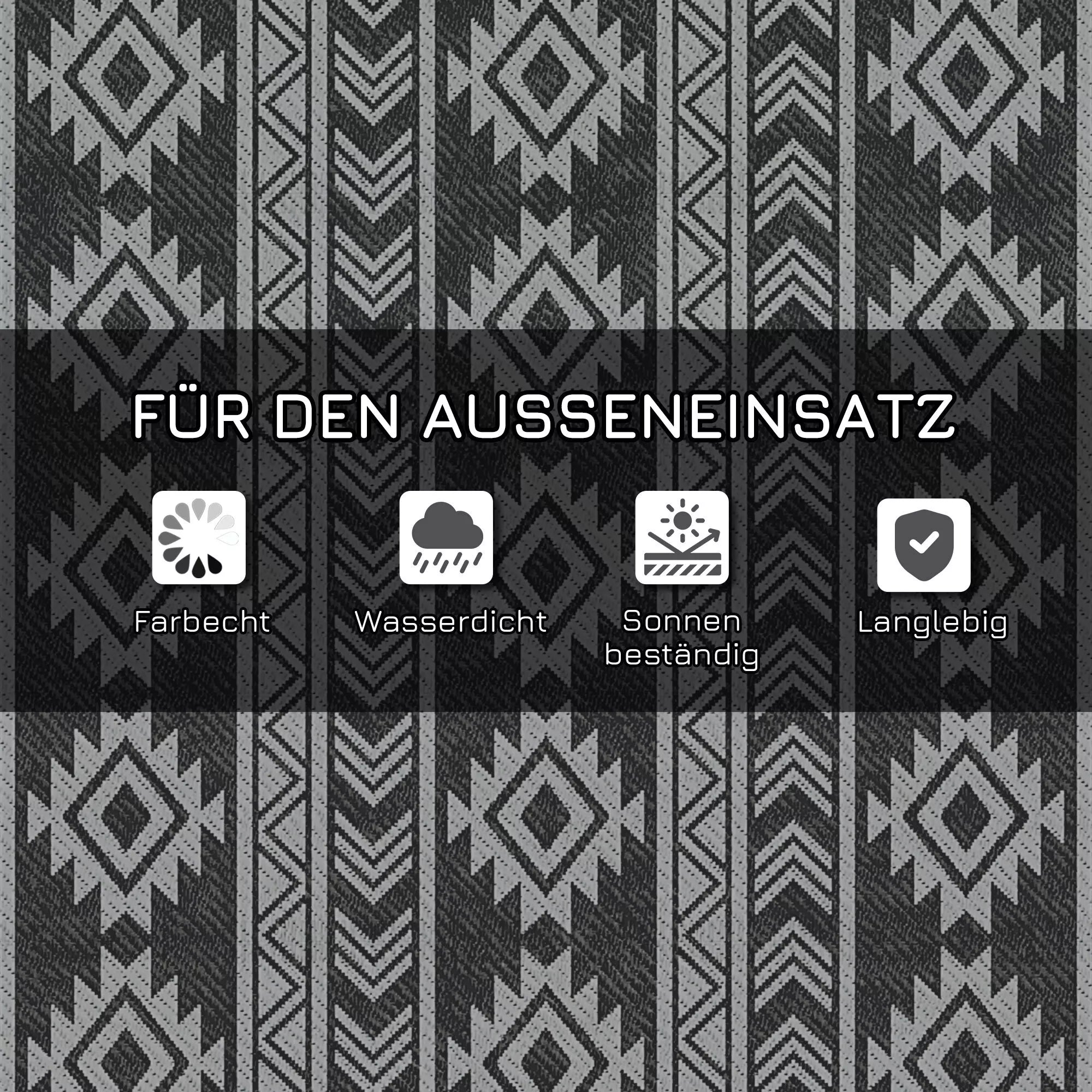 Lauko kilimas, atsparus vandeniui, dvipusis dizainas, aukštos kokybės plastikiniai pluoštai, juodas + pilkas, 182 x 274 cm