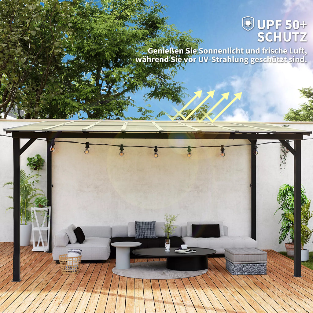 Terasos pergola prie sienos su polikarbonato stogu, aliuminio konstrukcija, 428 x 294 x 258 cm, tamsiai pilka