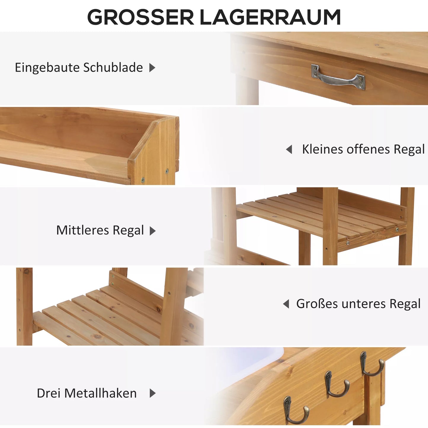 Sodinimo stalas, daržo stalas su praustuve, lauko stalas iš eglių medienos, natūralus, 117 x 45 x 121 cm