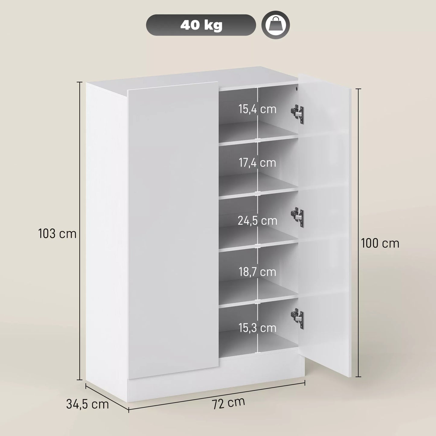 5 pakopų batų spintelė 20 poroms batų, reguliuojamos lentynos, skirta prieškambariui, koridoriui, medinė, balta