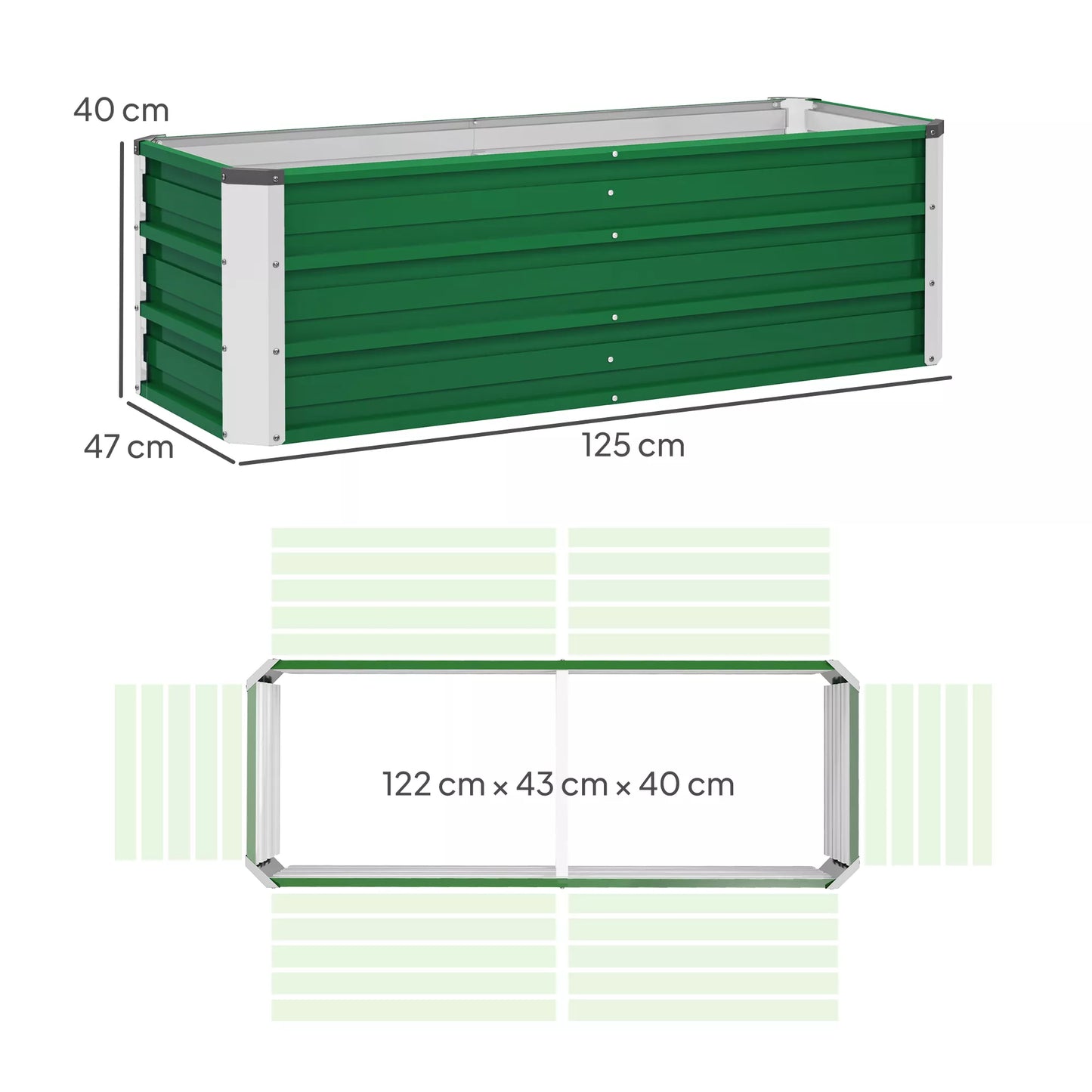 Žalias metalinis pakeltas lysvas, 2 atskiri auginimo plotai, atviras dugnas, lengvas surinkimas, 125 x 47 x 40cm