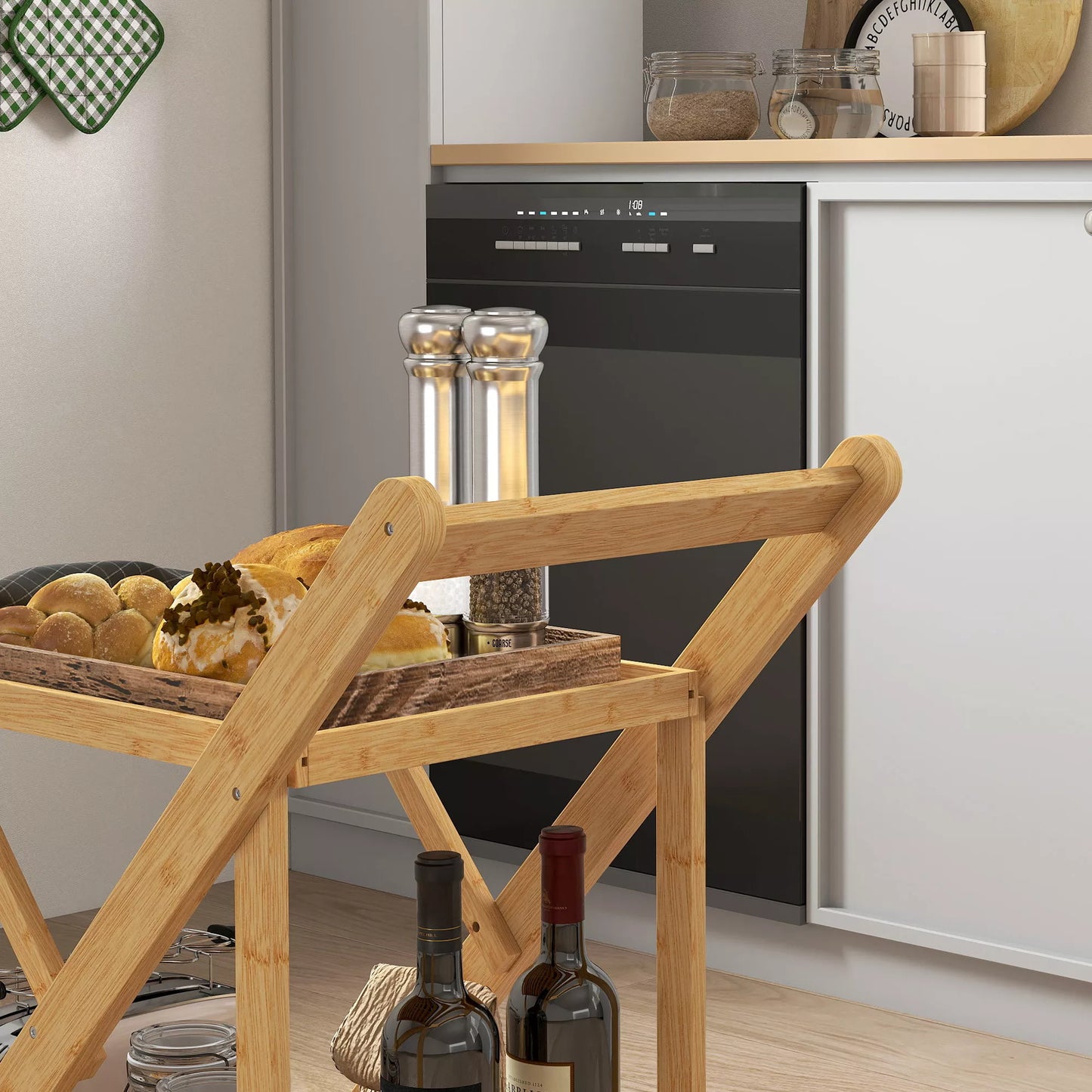 Virtuvės vežimėlis ant ratukų, serviravimo vežimėlis su 3 vyno lentynomis, 2 padėklai, virtuvei, valgomajam, bambuko mediena, šviesiai rudas