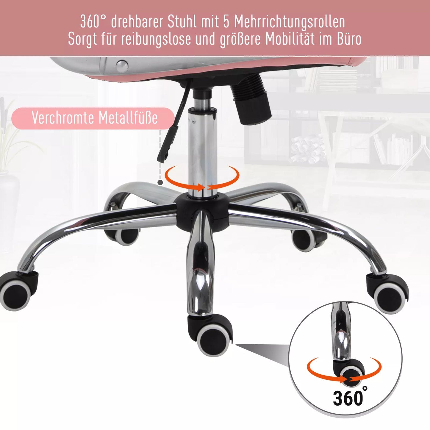 Ergonomiška biuro kėdė su porankiais, paminkštinta atlošo dalimi, aukščio reguliavimo kompiuterio kėdė su dirbtinės odos išvaizda, pasukama kėdė namų biurui, rožinė