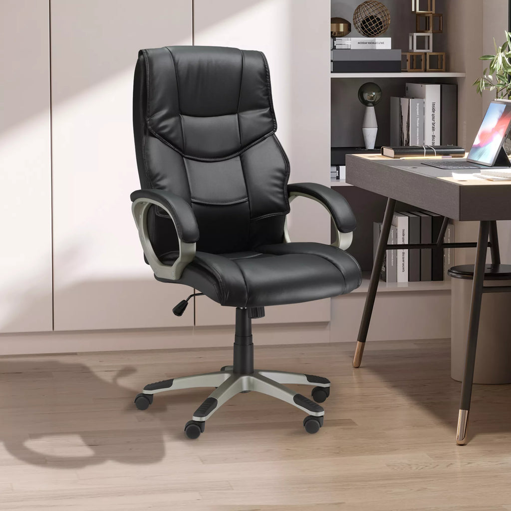 Biuro kėdė, vadovo kėdė su svyravimo funkcija, ergonomiška sukama kėdė, sportinio dizaino, su aukšta atlošo atrama, juoda, dirbtinė oda, metalas, 70 x 58 x 114–124 cm