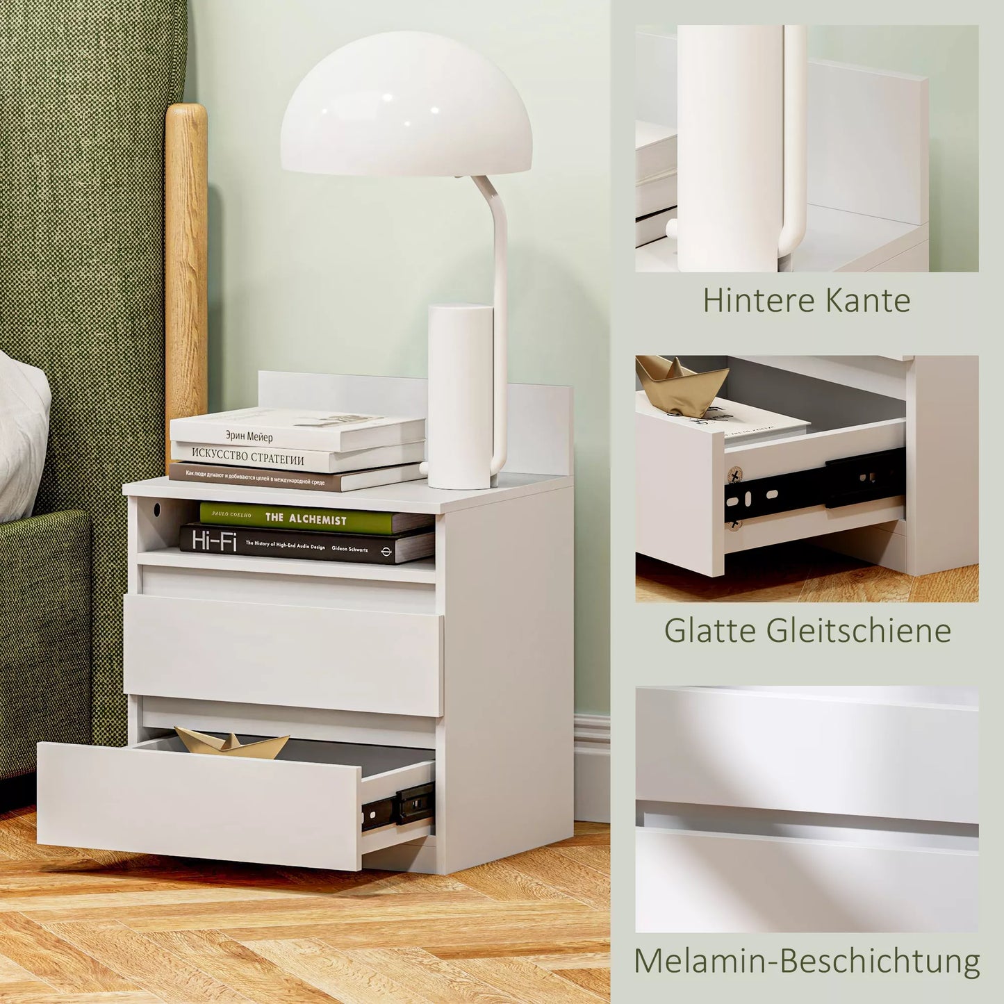 Naktinis staliukas 2 vnt. komplekte su stalčiais ir lentyna, modernus, baltos spalvos, miegamajam