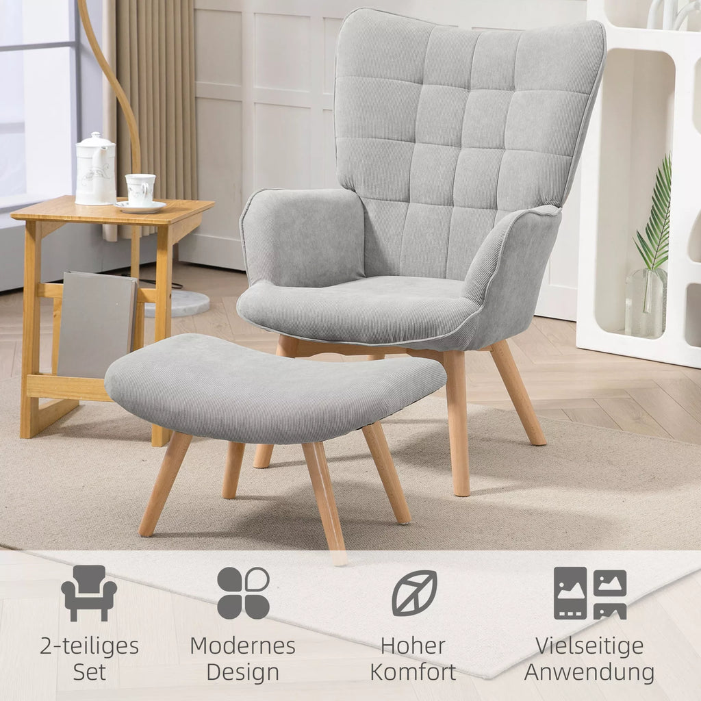 Akcentinis fotelis su taburete, poilsio fotelis su velveto apmušalu, fotelis su medinėmis kojomis, skirtas svetainei, pilkos spalvos