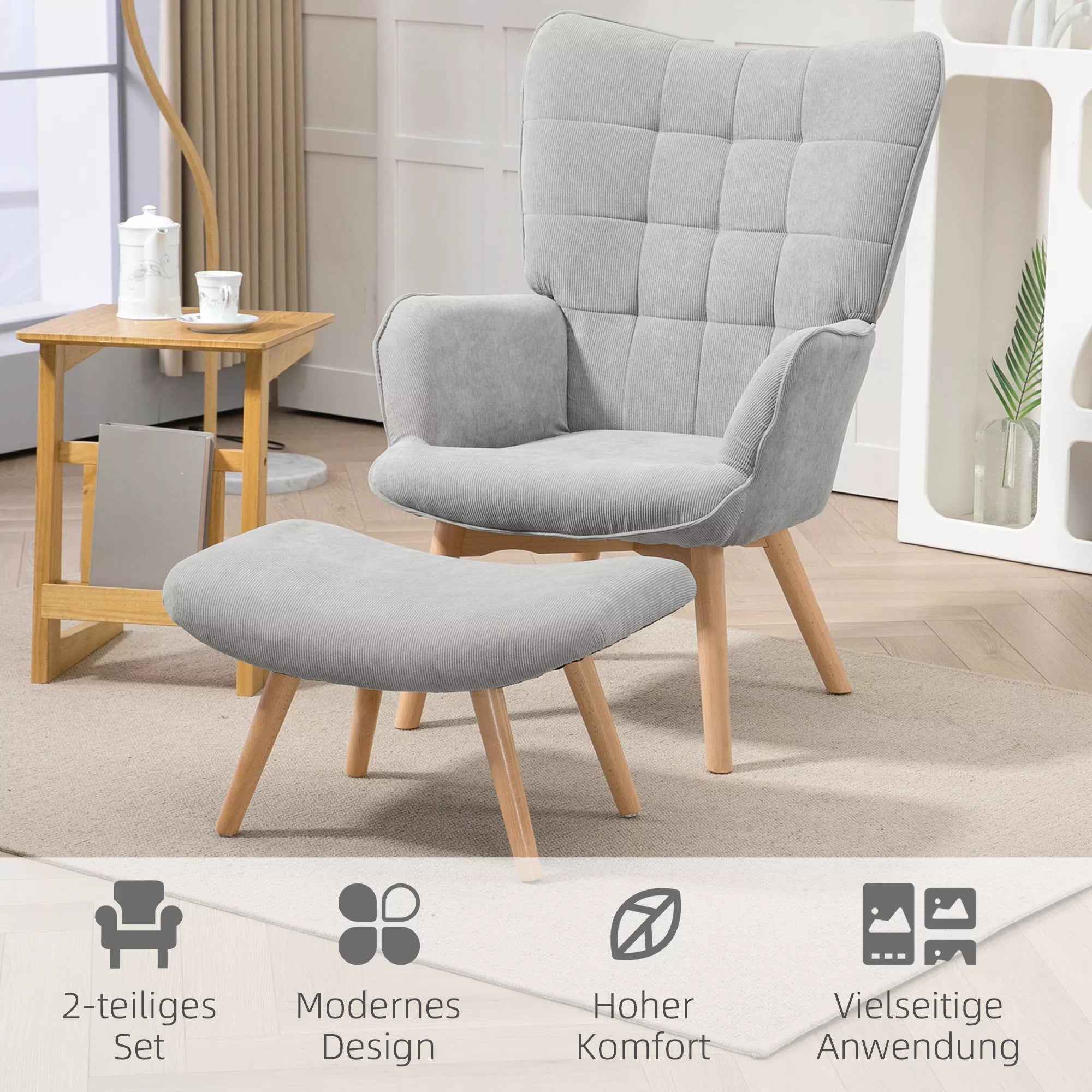 Akcentinis fotelis su taburete, poilsio fotelis su velveto apmušalu, fotelis su medinėmis kojomis, skirtas svetainei, pilkos spalvos