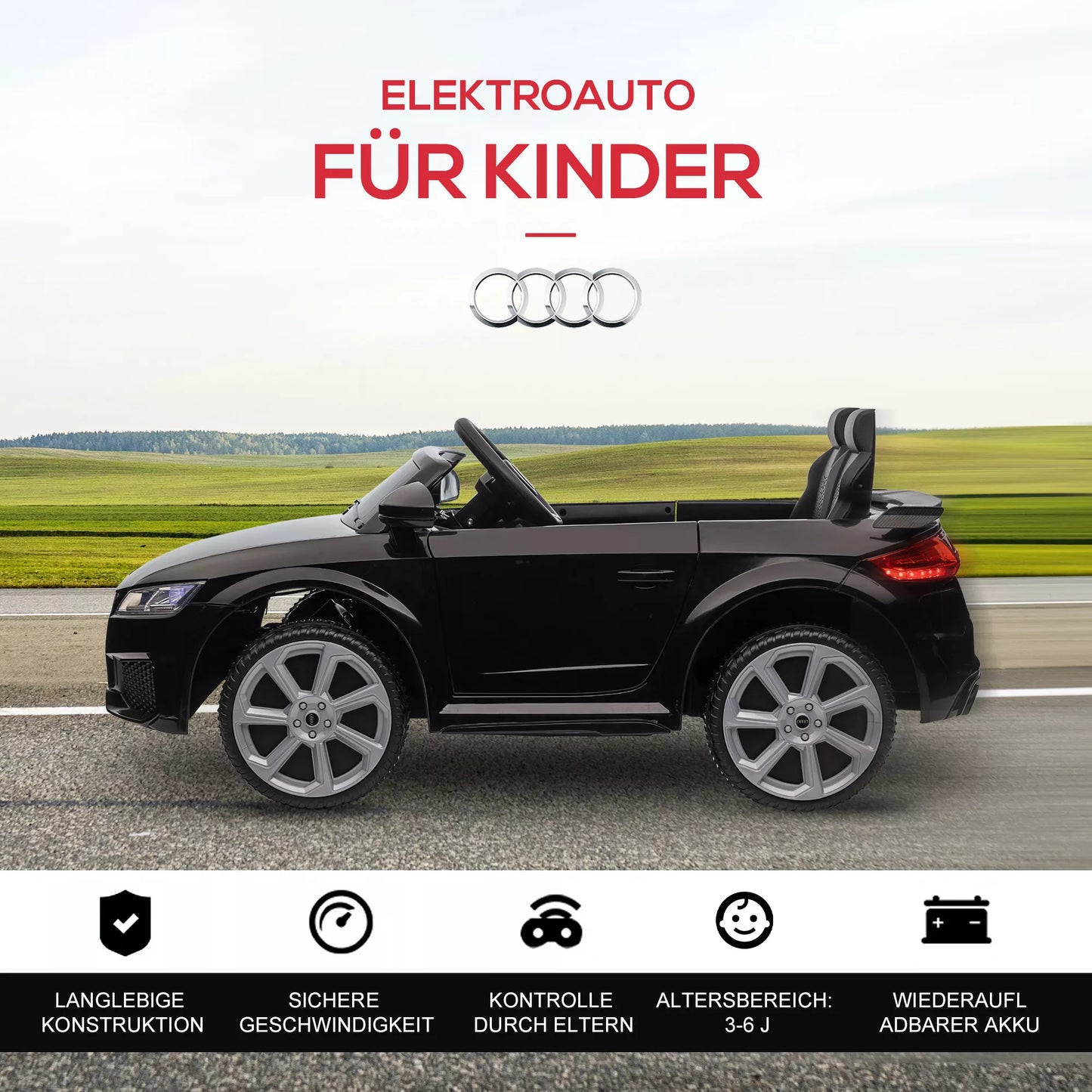 Vaikiškas elektrinis automobilis Audi, su 2.4G nuotolinio valdymo pulteliu, muzika, garsiniu signalu, LED, USB, vaikams nuo 3-5 metų, Juodas