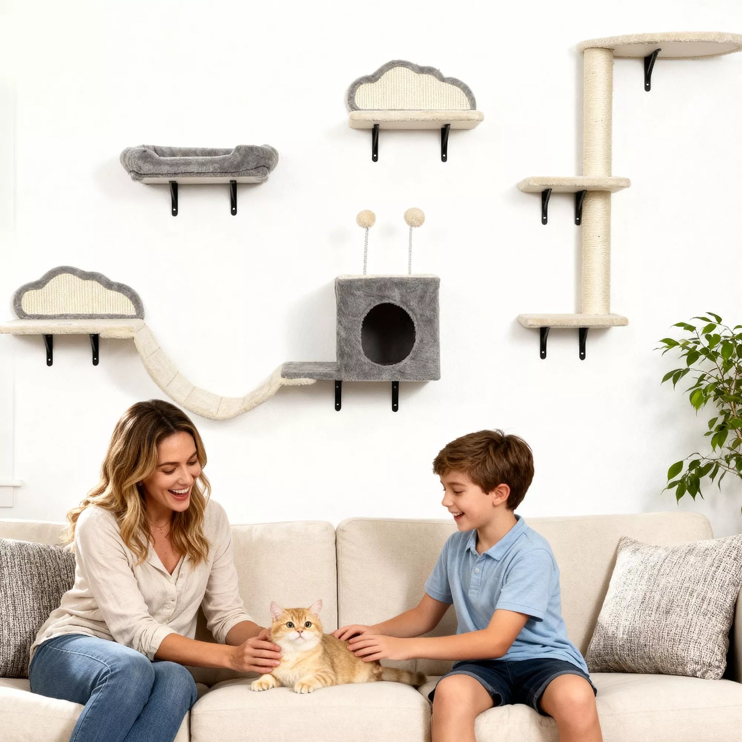 Sieninis katės draskyklių komplektas, su sizaliniais draskymo paviršiais, 4 dalys, 1-3 katėms, smėlio spalvos