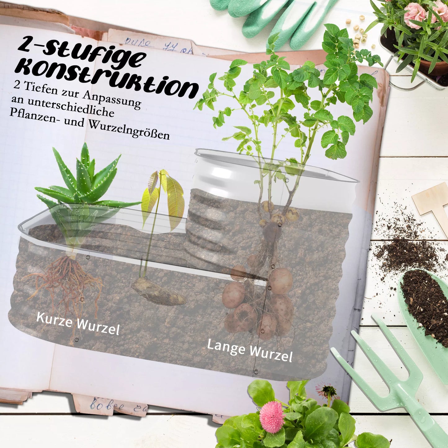 Pakeltas lysvės, metalinis, 2 aukštų, atsparus oro sąlygoms, atviras dugnas, 120 x 90 x 30 cm, spalva: Sidabrinė