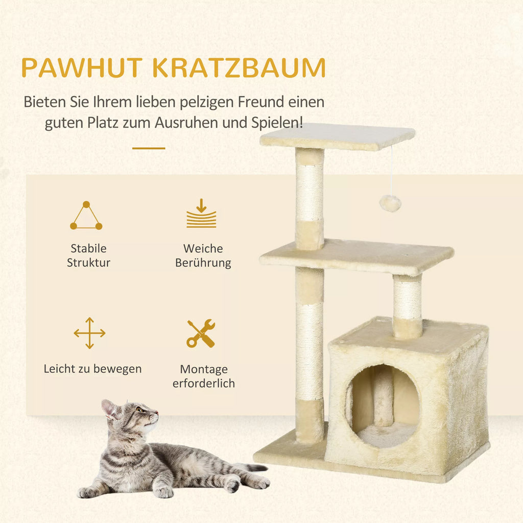 Kratzbaum 81,5 cm Katės medis su katės urvu, platformomis, katės medžiu su sizalio medžio kolonomis, žaidimų kamuoliuku, skirtas katėms iki 4,5 kg, smėlio spalvos