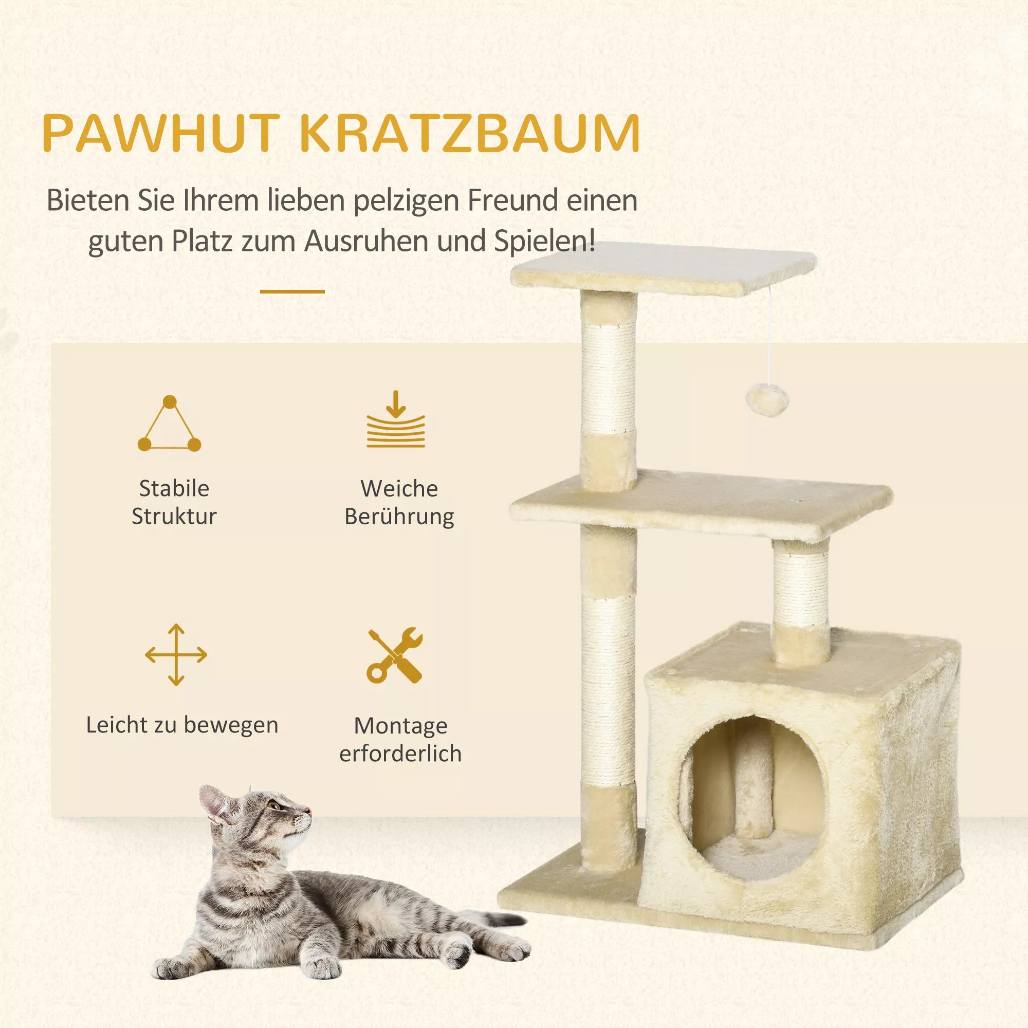 Kratzbaum 81,5 cm Katės medis su katės urvu, platformomis, katės medžiu su sizalio medžio kolonomis, žaidimų kamuoliuku, skirtas katėms iki 4,5 kg, smėlio spalvos