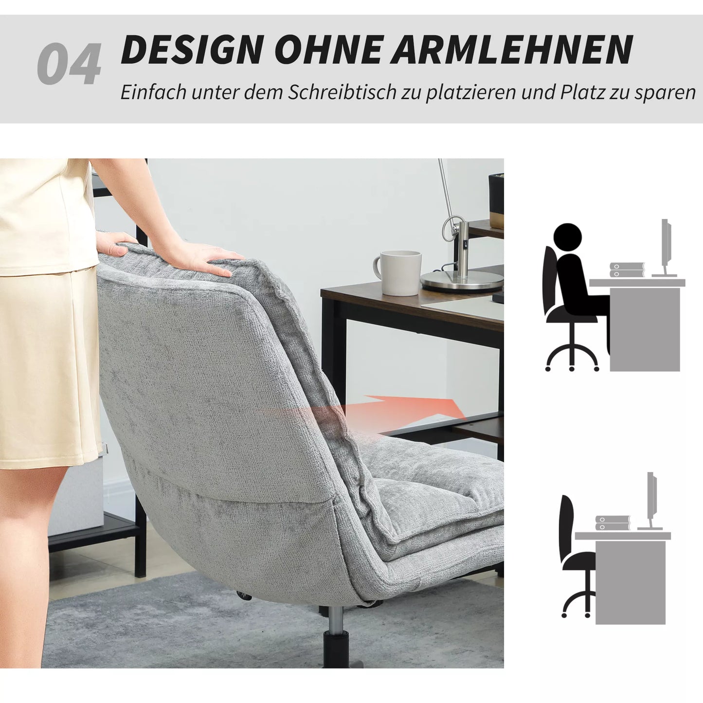 Besisukantis biuro krėslas be porankių, su minkštu audiniu, aukščio reguliavimo, plieninėmis kojomis, pilkos spalvos