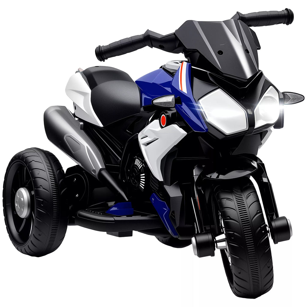 Elektrinis vaikų motociklas, šviesos ir garsai, 3 km/h, įkraunamas, plastikas ir metalas, mėlynas/baltas