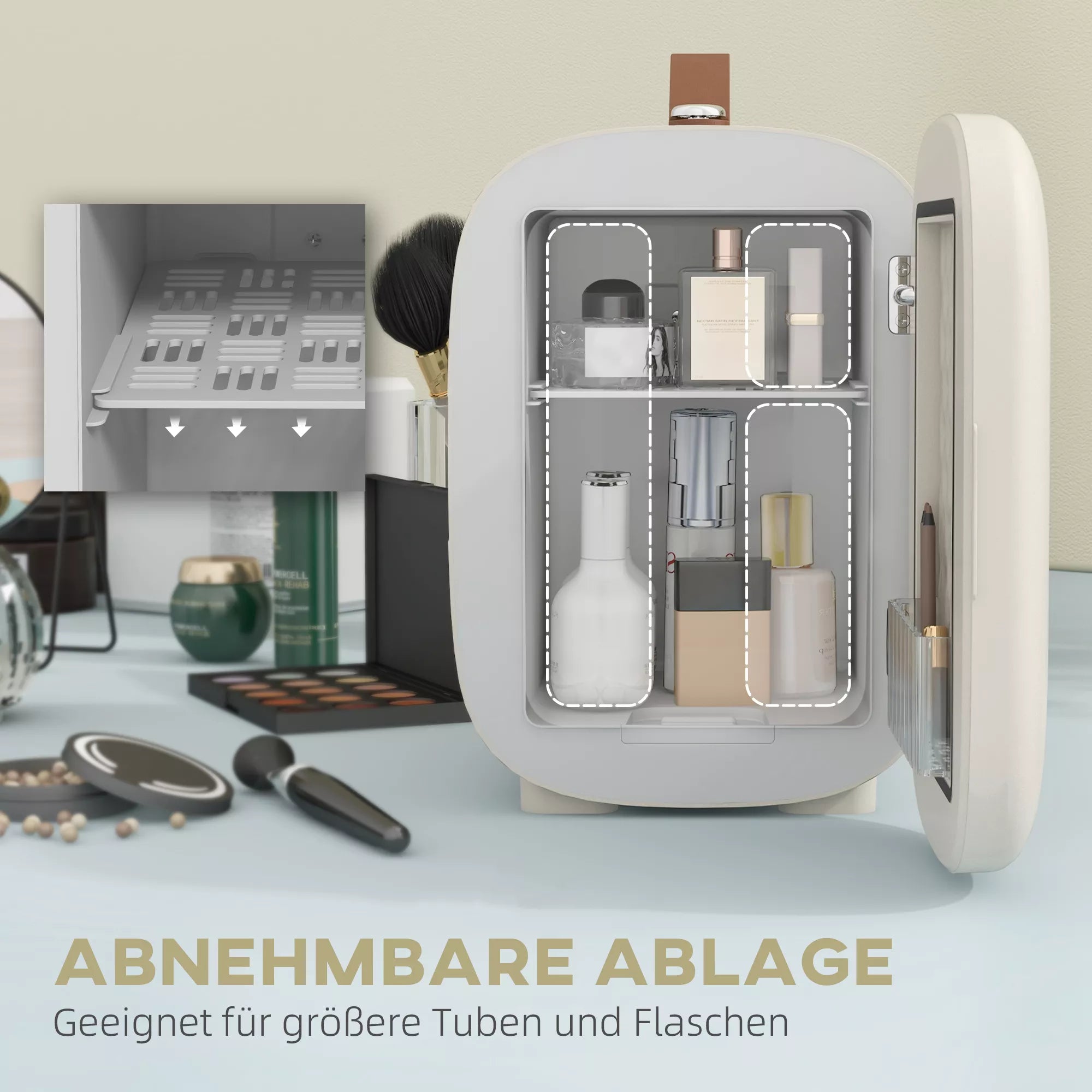 Mini šaldytuvas „Beauty Fridge“, 4 l talpos, 20,3 x 26,3 x 28 cm, kreminės baltos spalvos