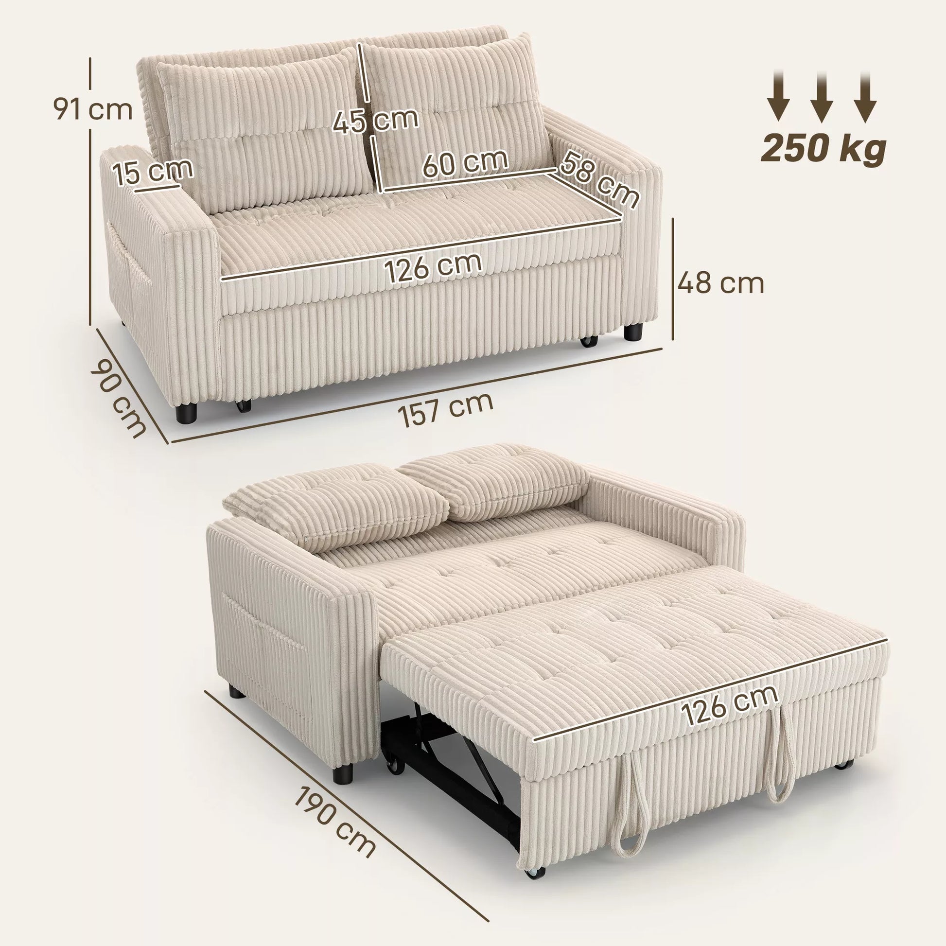 2 vietų sofa-lova su velvetiniu apmušalu, transformuojama į miegamąją sofą, 2 pagalvėlės, šoninės kišenės, 157 x 190 cm, kreminės baltos spalvos