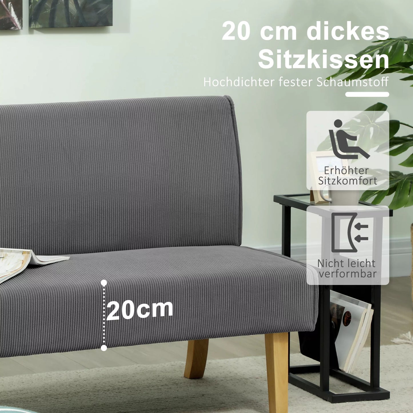 Dviejų vietų sofa su veliūro apmušalu, storu kamšalu ir tvirtomis medinėmis kojelėmis svetainei, miegamajam, biurui, pilka