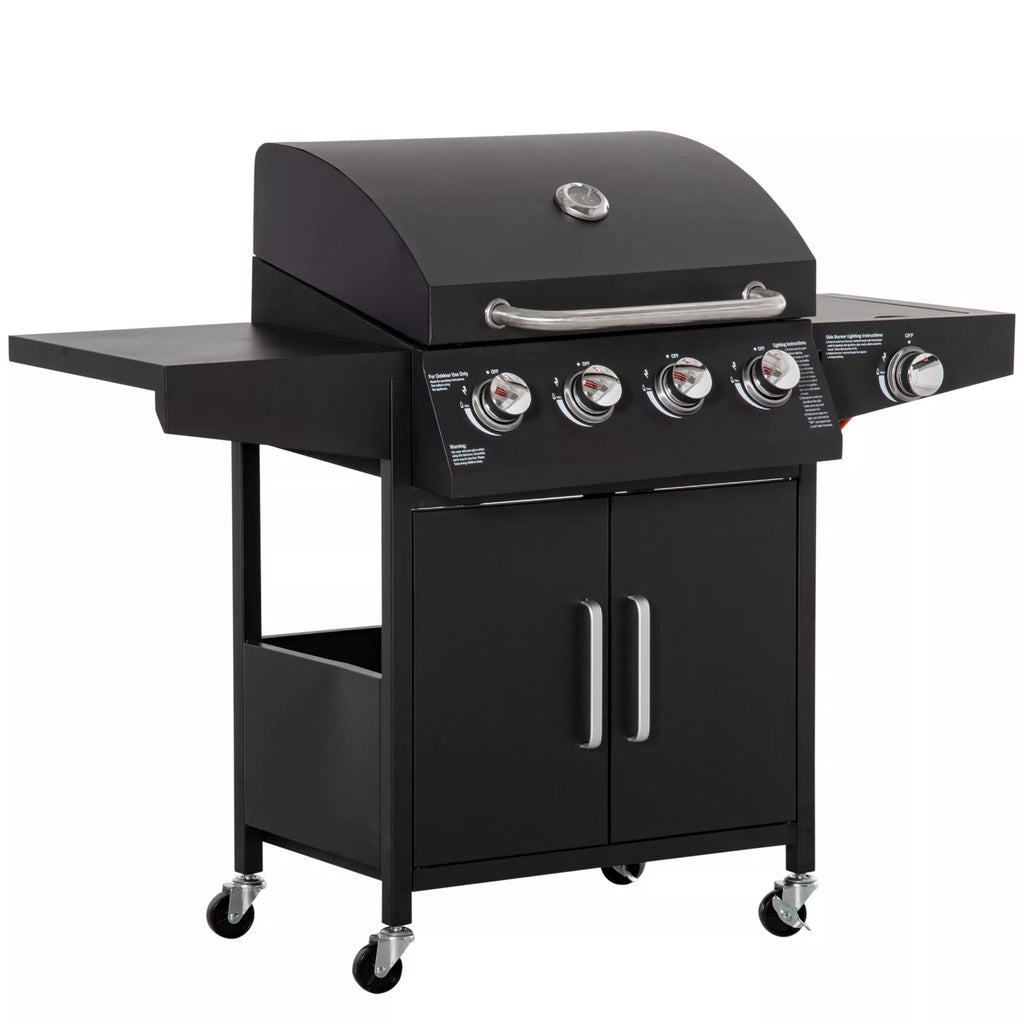 Dujinis grilis BBQ su 3 degikliais, kiekvienas po 3 kW Mobilus grilio vežimėlis su 4 ratais Grilio tinklelis Šoniniai stalai Slėgio mažintuvas Žarnos Spintelė Daugiafunkcinis Metalo Juodas 132,4 cm x 55 cm x 109 cm