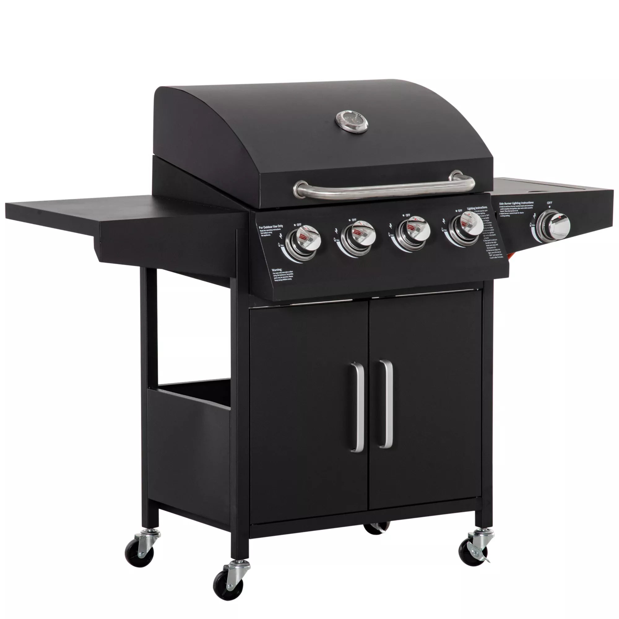 Dujinis grilis BBQ su 3 degikliais, kiekvienas po 3 kW Mobilus grilio vežimėlis su 4 ratais Grilio tinklelis Šoniniai stalai Slėgio mažintuvas Žarnos Spintelė Daugiafunkcinis Metalo Juodas 132,4 cm x 55 cm x 109 cm