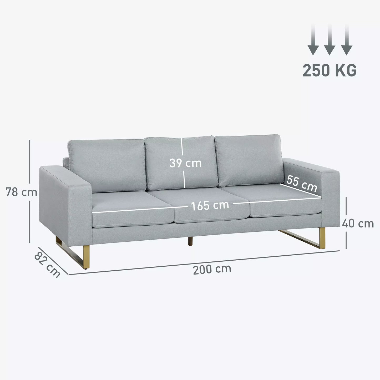 3 vietų sofa, su medinio masyvo rėmu, metalinėmis kojomis, paprastas dizainas, šviesiai pilka