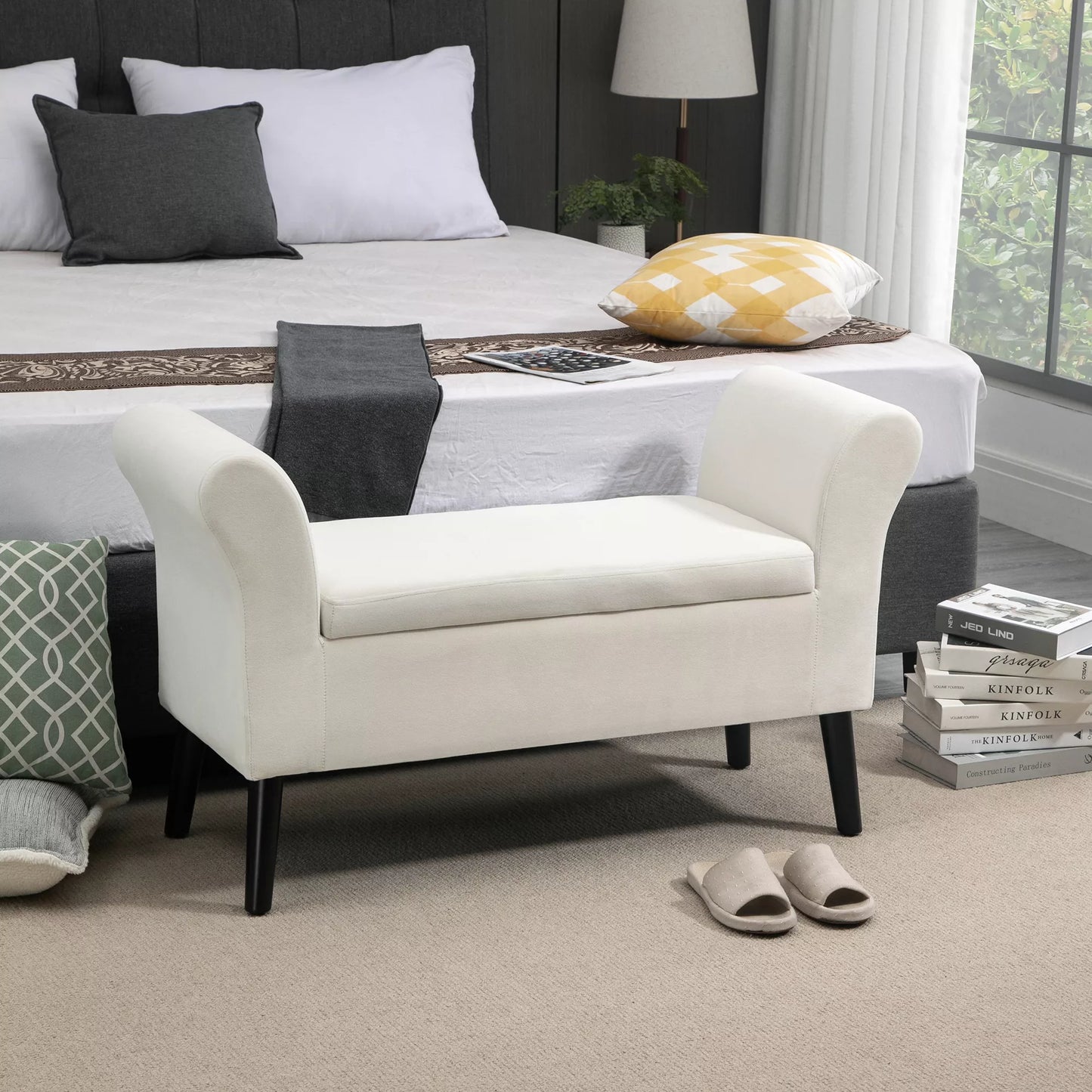 Sėdimoji suoliukas su daiktadėže, 111,5cm x 41cm x 65cm, kreminės baltos spalvos