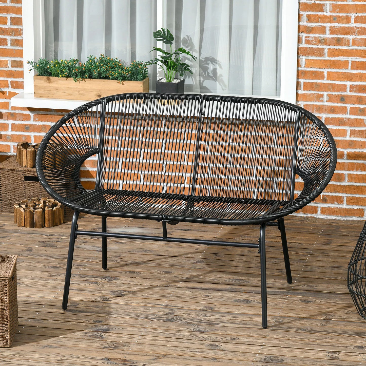 Rattaninis fotelis Boho stiliaus poilsio fotelis, 132 cm x 72 cm x 83 cm, juodas