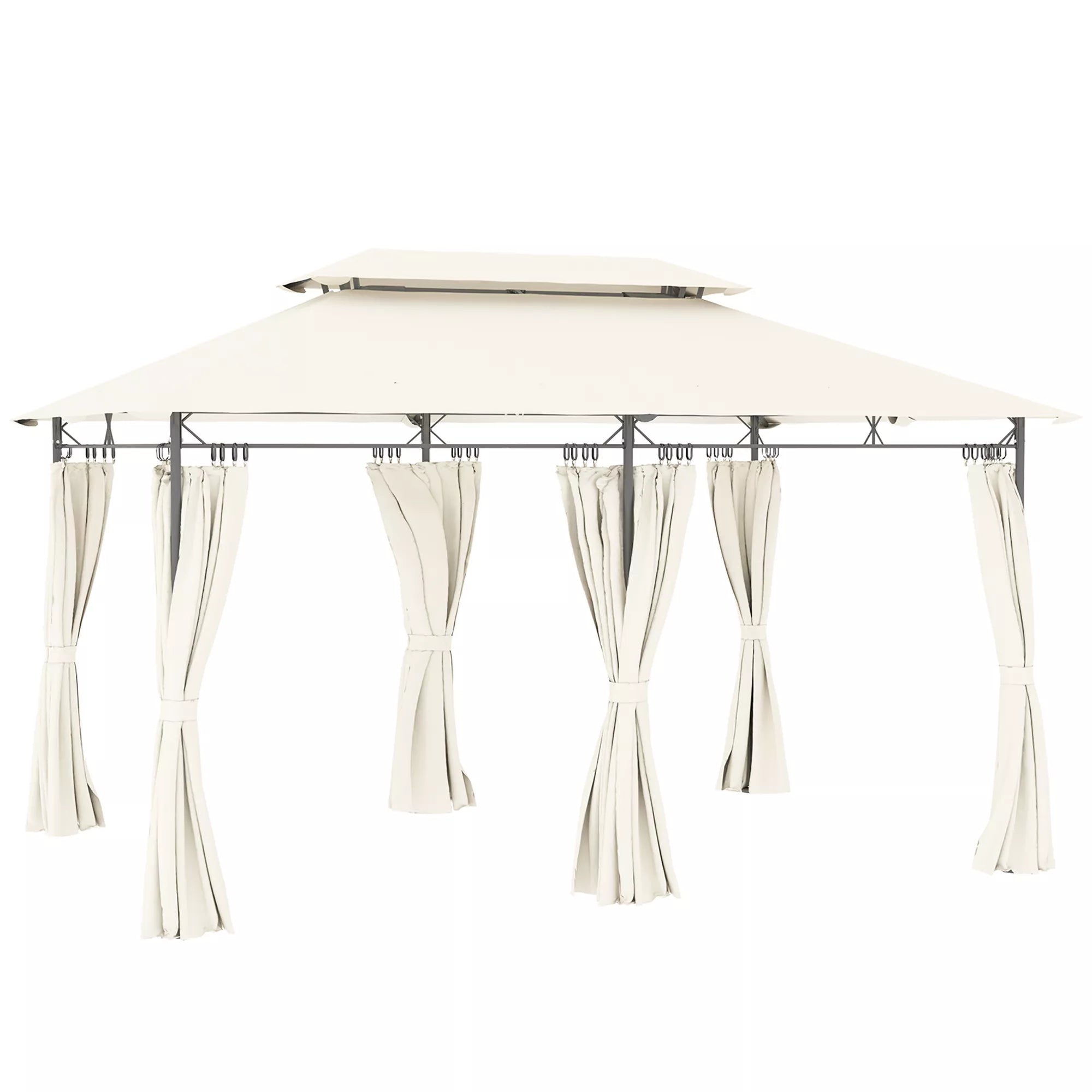 Sodo paviljonas, pavėsinė su 6 šoninėmis sienelėmis ir dvigubu stogu komplektas, plienas ir poliesteris, 4x3 m, kreminė balta