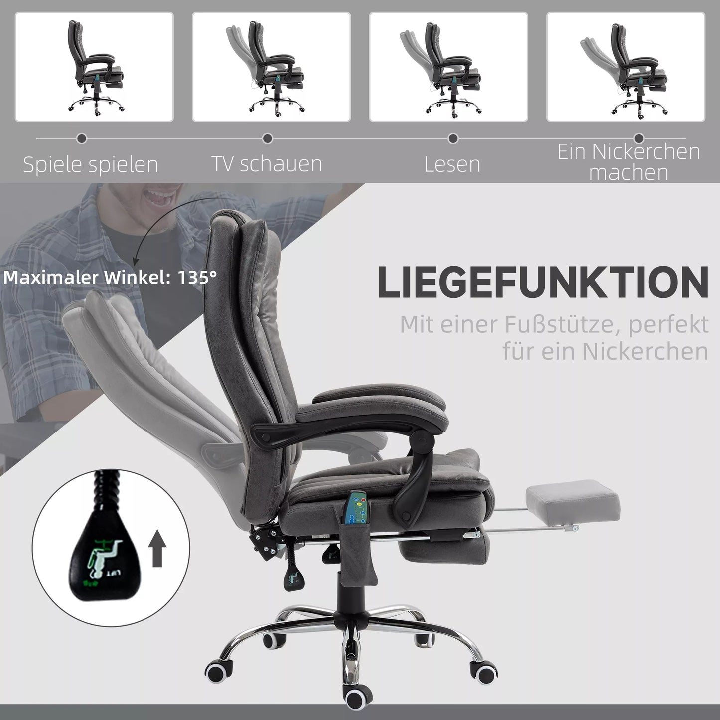 Vadovo kėdė su masažo ir šildymo funkcija, kojų atrama, reguliuojama, iki 120kg, Pilka