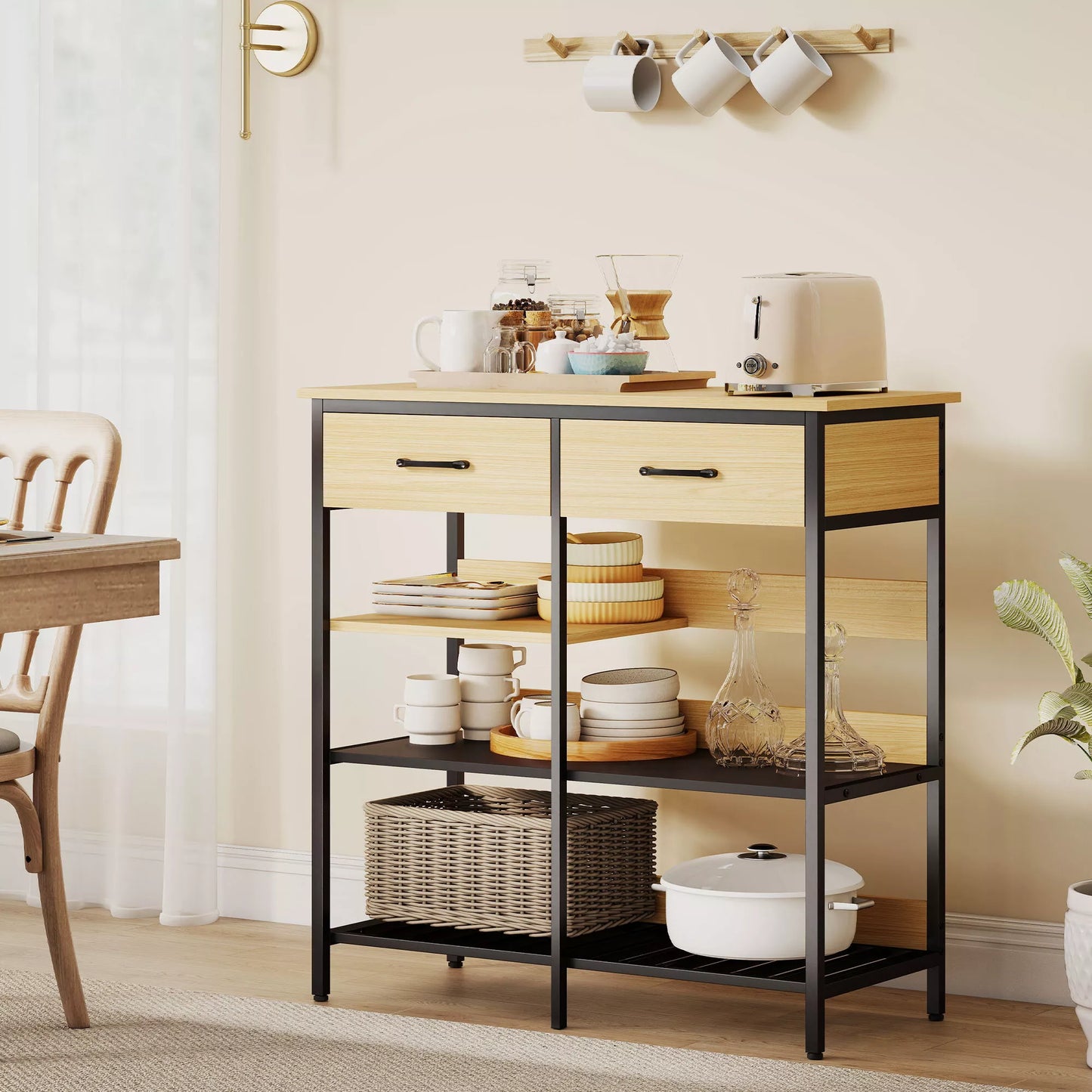 Bufetas, komoda su 2 stalčiais, 3 atviromis lentynomis Virtuvės spintelė virtuvėms, svetainėms 90 x 40 x 91 cm, natūralus medis