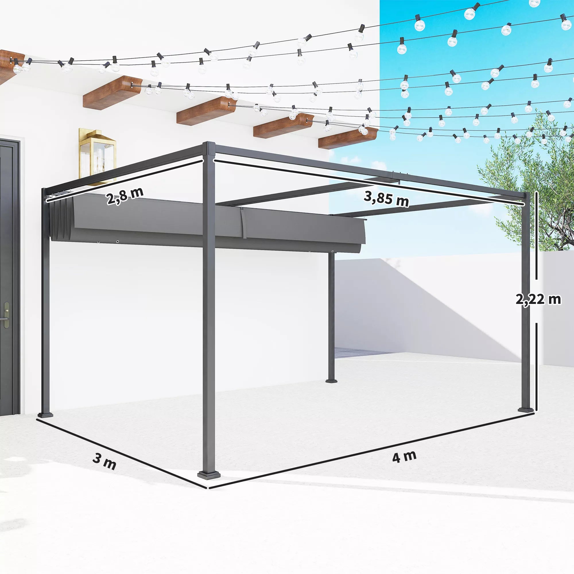 Pergola, tvirta saulės apsauga sodui, balkonui, terasai, pagaminta iš metalo ir plastiko, atspari UV spinduliams ir vandeniui, tamsiai pilkos spalvos