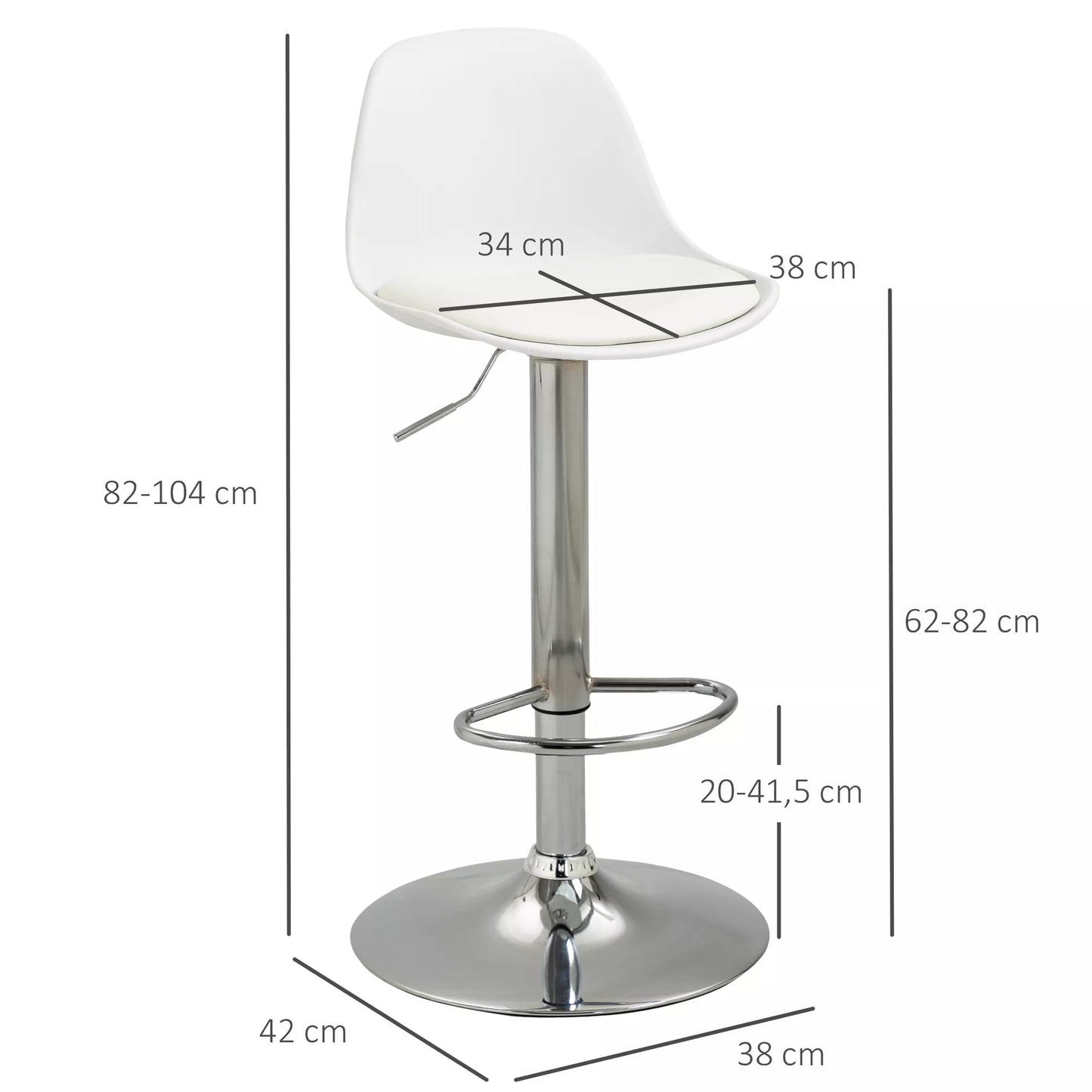 HOMCOM 2 vnt. baro kėdžių komplektas, sukamasis, su atlošu, reguliuojamo aukščio, atlaiko iki 120 kg, 38 x 42 x 82-104 cm, balta