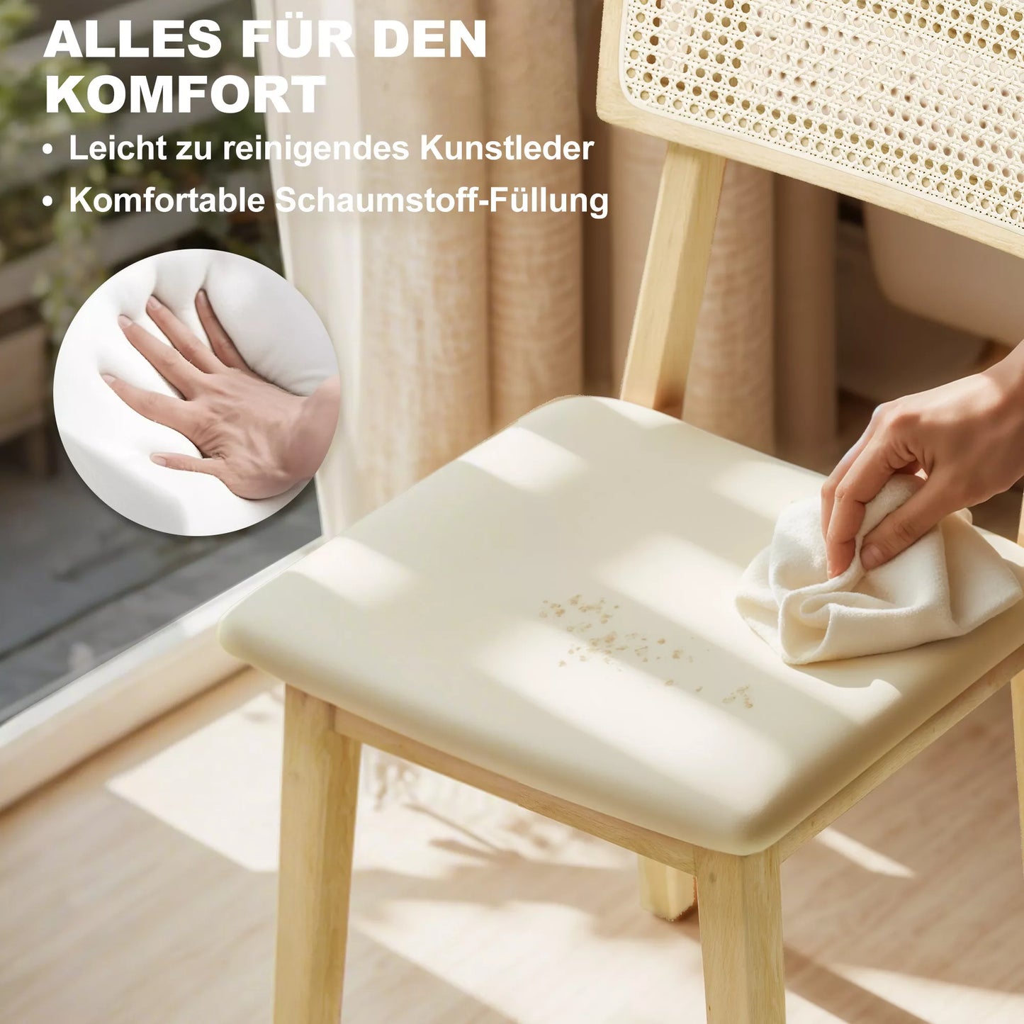 Valgomojo kėdė, rotango atlošas, dirbtinės odos sėdynė, guminmedžio mediena, natūralaus medžio