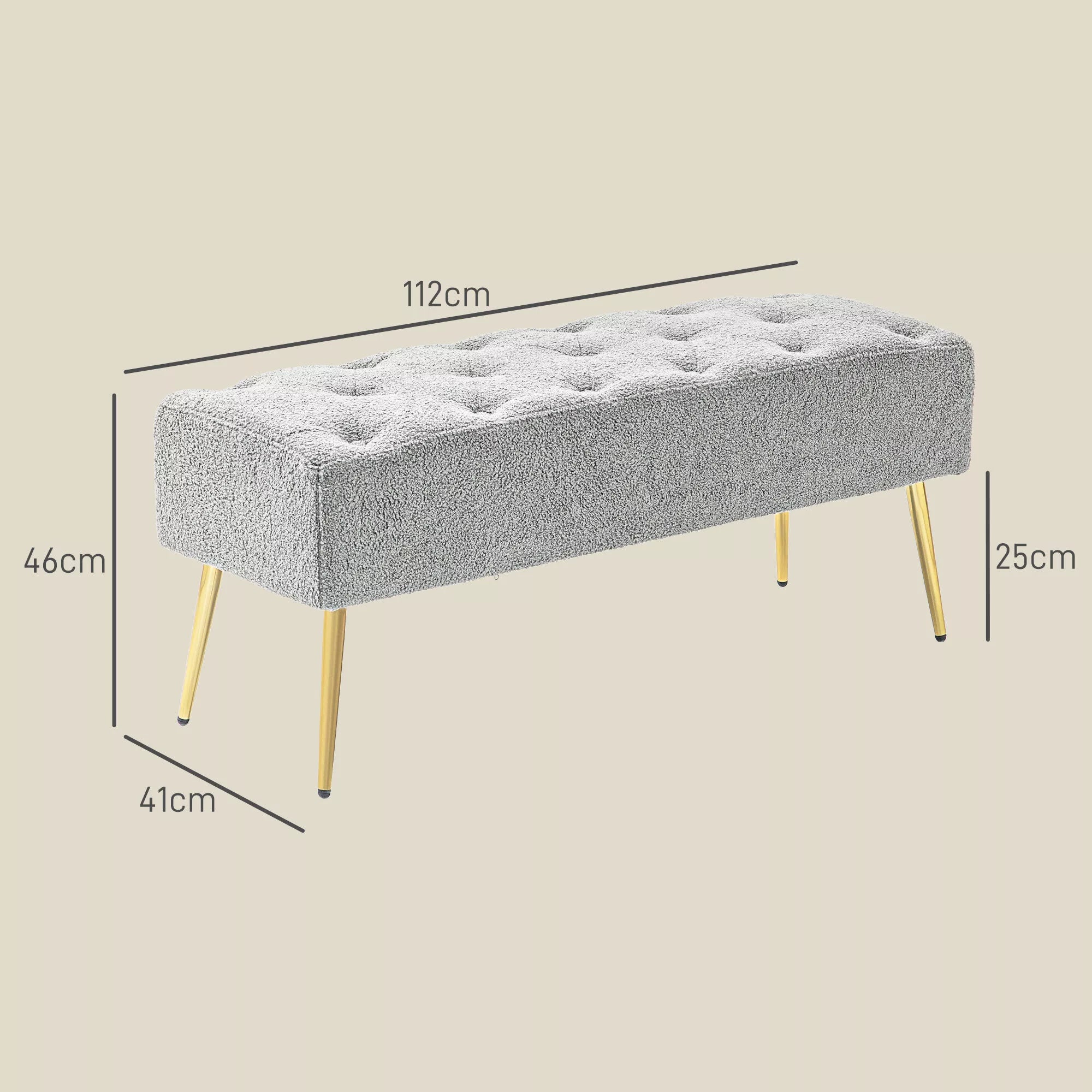Lovos suoliukas, minkštas avies vilnos optikos užvalkalas, iki 120 kg, paauksuotos plieninės kojelės, 112x41x46cm, pilkos spalvos