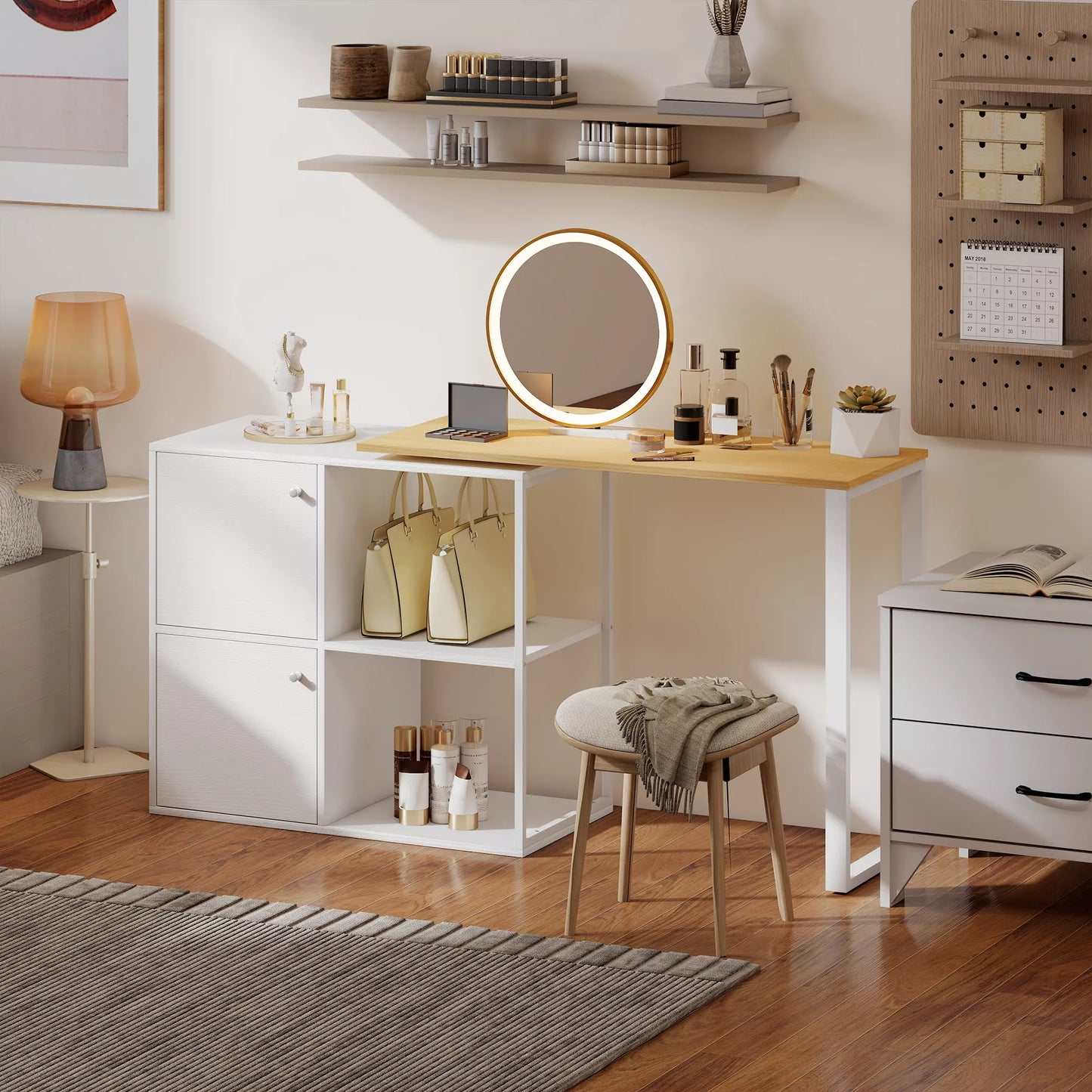 L formos rašomasis stalas, 360° kampinis pasukamas stalas su 2 sandėliavimo spintelėmis, 2 atviromis lentynomis, kompiuterio stalas mažoms erdvėms, darbo kambariui, svetainei, 150x40x75 cm, balta