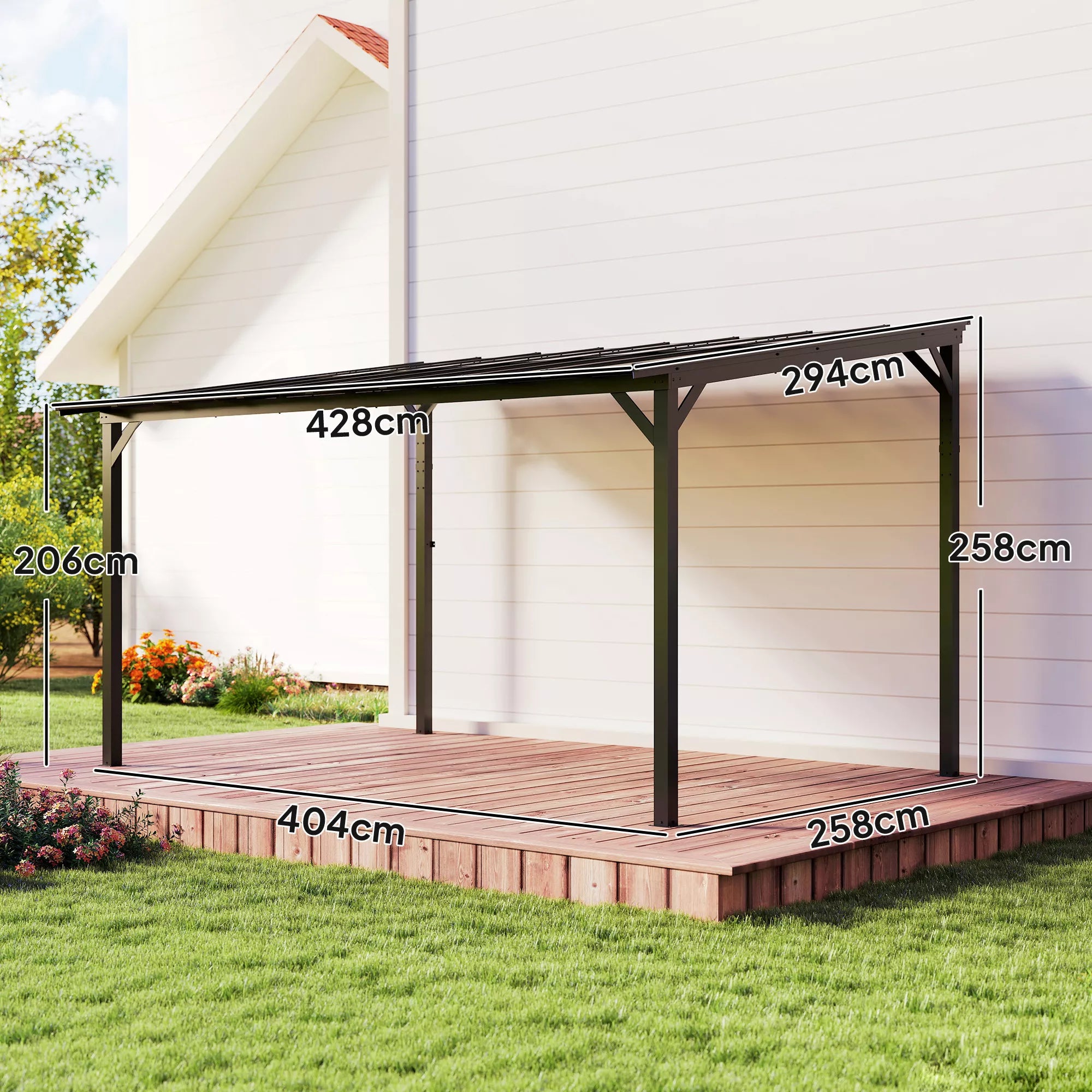 Terasos pergola prie sienos su polikarbonato stogu, aliuminio konstrukcija, 428 x 294 x 258 cm, tamsiai pilka