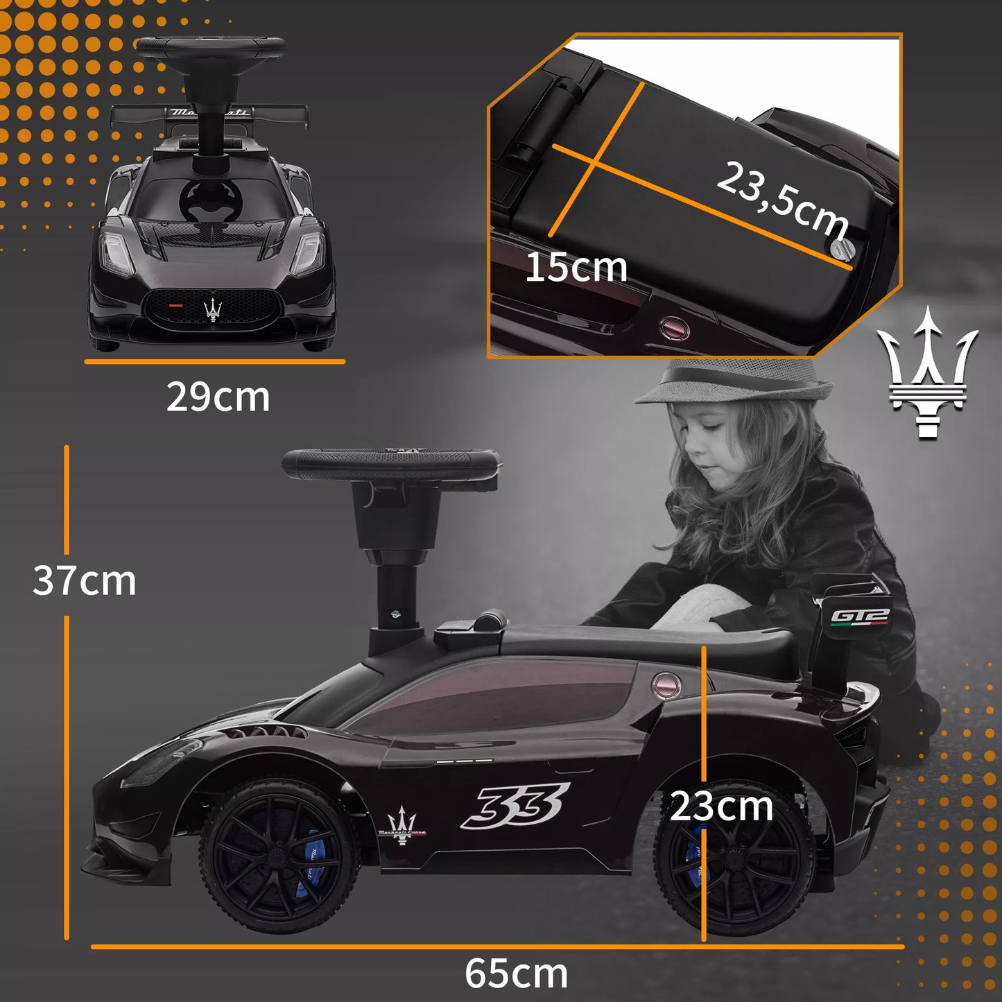 Paspiriamas automobilis Maserati, laikymo vieta, garsinis signalas ir muzika, tyliai riedančios padangos, nuo 1,5 iki 5 metų, iki 25 kg, juodas