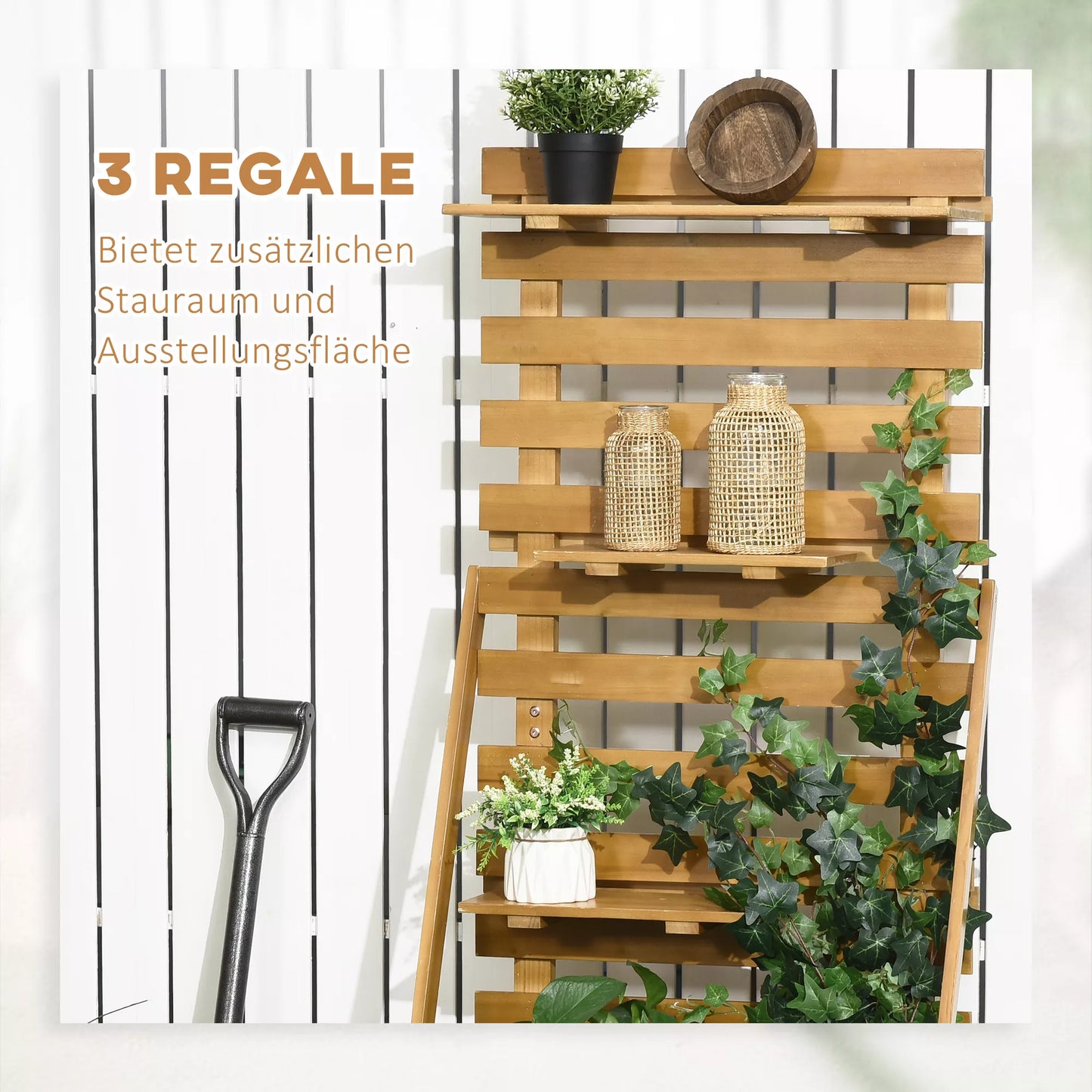 Pakeltas daržas su 3 stalčiais, įsk. atramą augalams, atsparus oro sąlygoms, vientisos medienos, 63 cm x 39 cm x 160 cm, natūralus