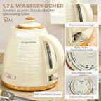 Infografika: smėlio spalvos virdulys su 1,7 l talpa, filtru, lygių indikatoriumi ir kojele
