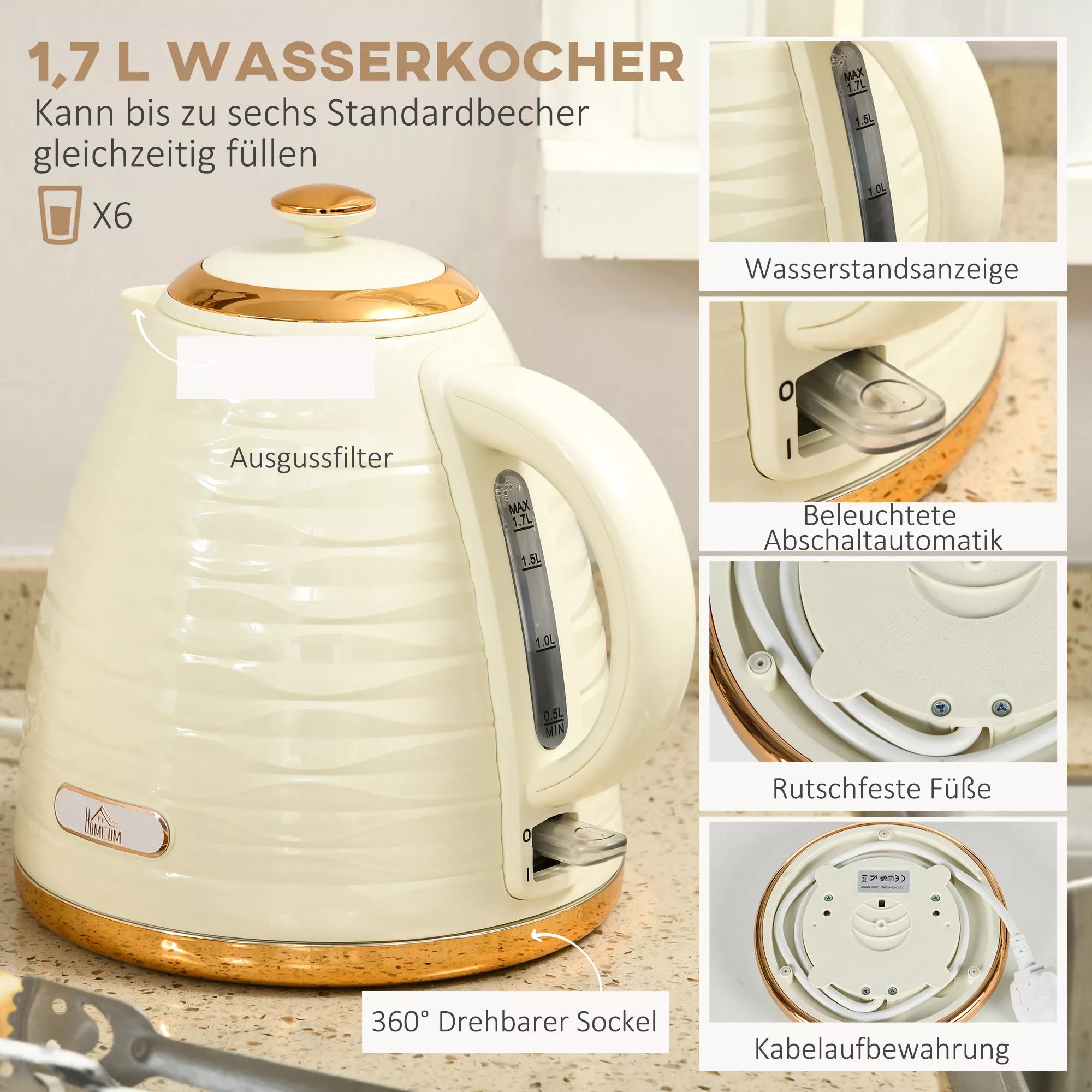 Infografika: smėlio spalvos virdulys su 1,7 l talpa, filtru, lygių indikatoriumi ir kojele