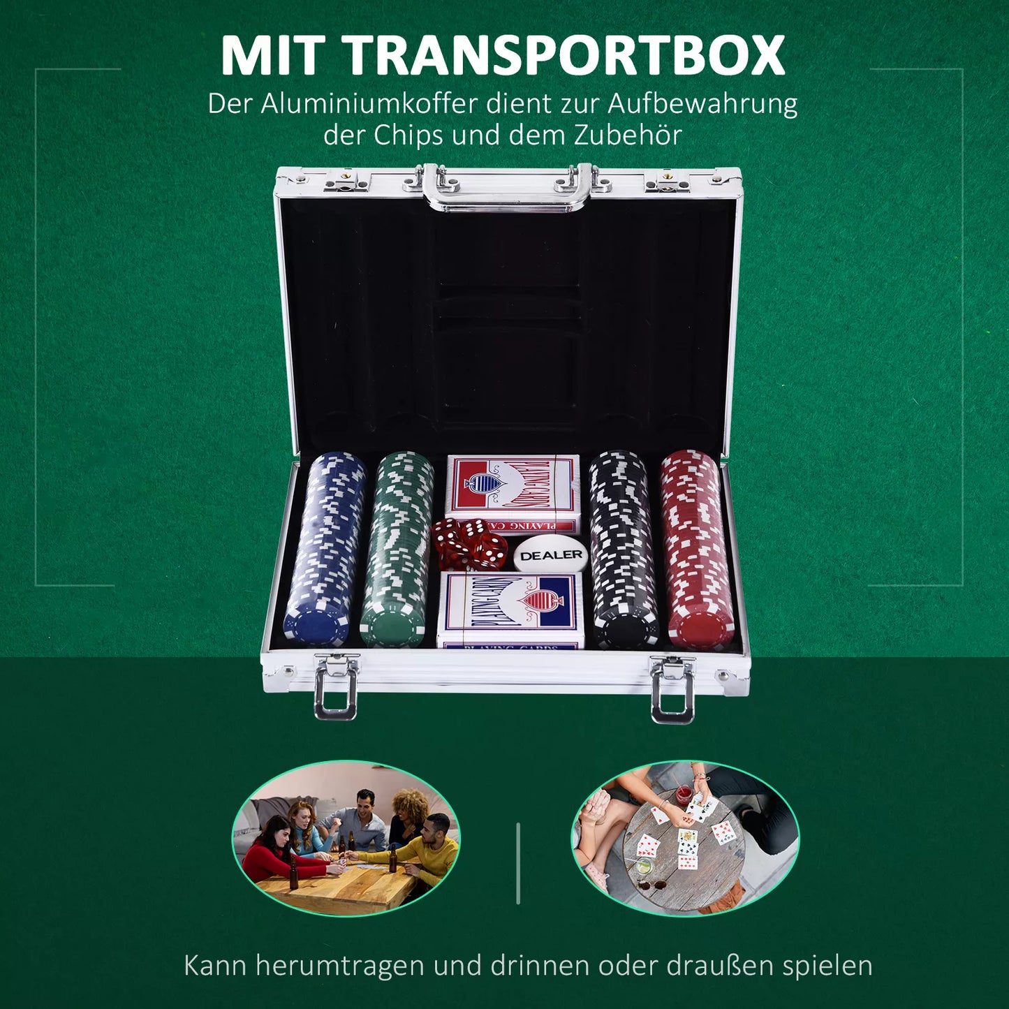 Pokerio lagaminas, 200 pokerio žetonų rinkinys, 2 kortų rinkiniai, 5 kauliukai, 1 aliuminio lagaminas. Pokerio žetonų lagaminas, aliuminio ir polistirolo, 29,5x20,5x6,5 cm